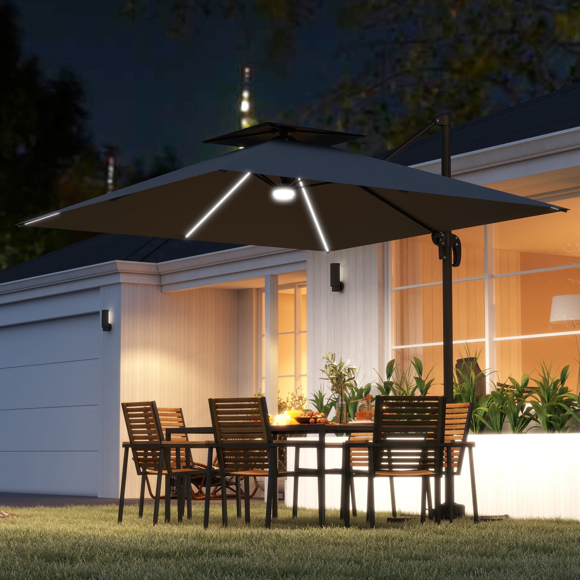 8' Cantilever Patio Umbrella with Solar Powered LED Lights, Hanging Offset Umbrella with 360°Rotation, Tilt Adjustment, Crank, Cross Base for Garden, Dark Grey