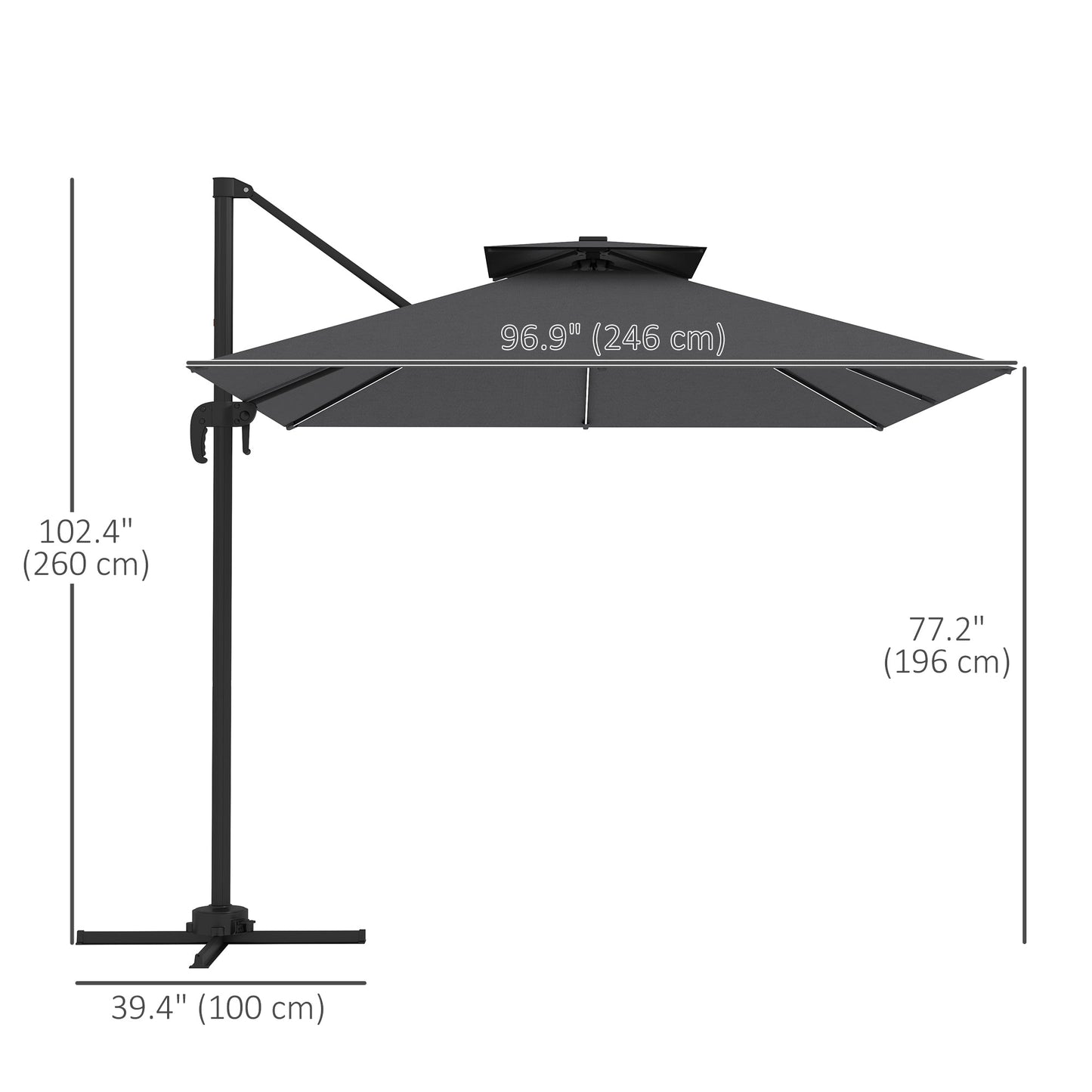 8' Cantilever Patio Umbrella with Solar Powered LED Lights, Hanging Offset Umbrella with 360°Rotation, Tilt Adjustment, Crank, Cross Base for Garden, Dark Grey
