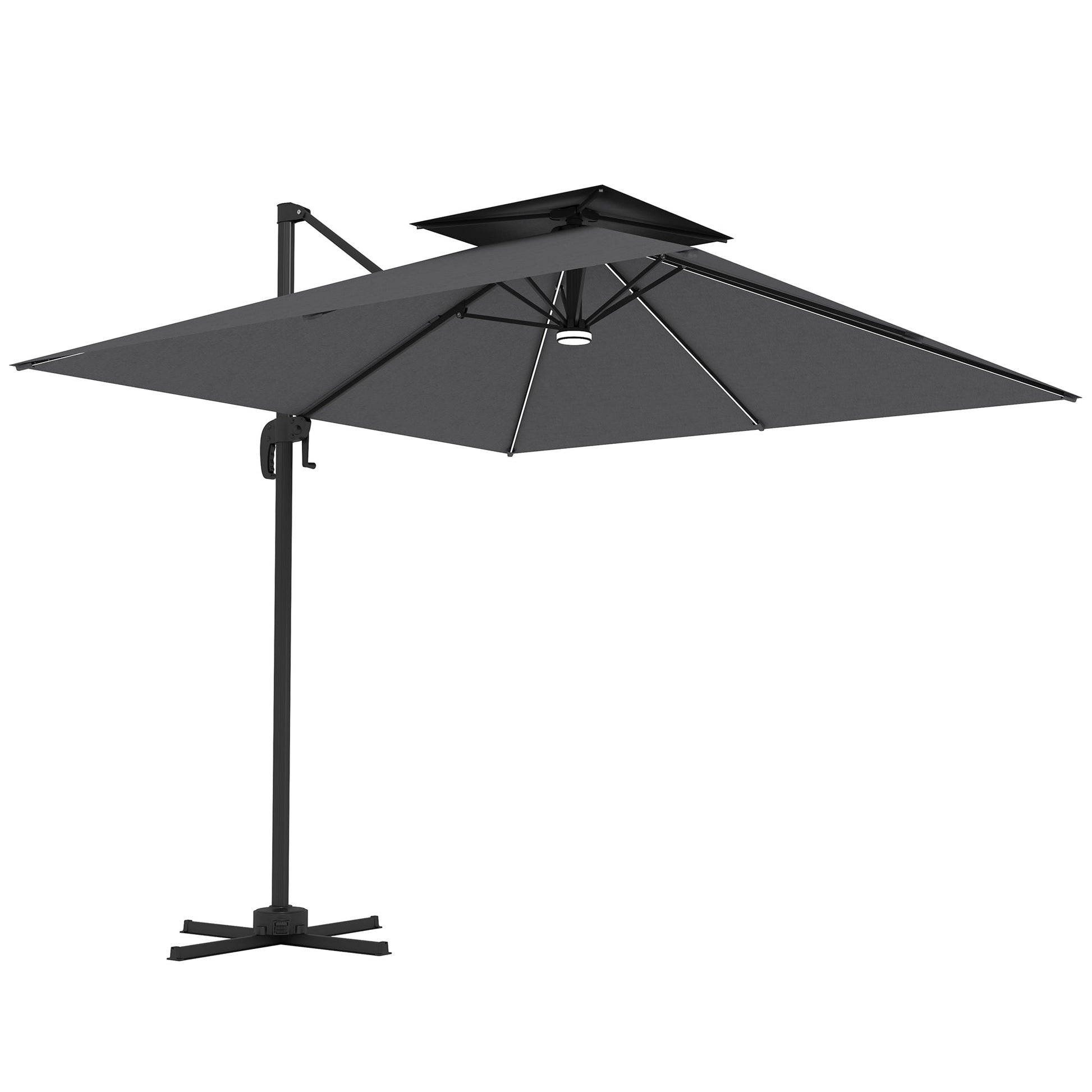 8' Cantilever Patio Umbrella with Solar Powered LED Lights, Hanging Offset Umbrella with 360°Rotation, Tilt Adjustment, Crank, Cross Base for Garden, Dark Grey