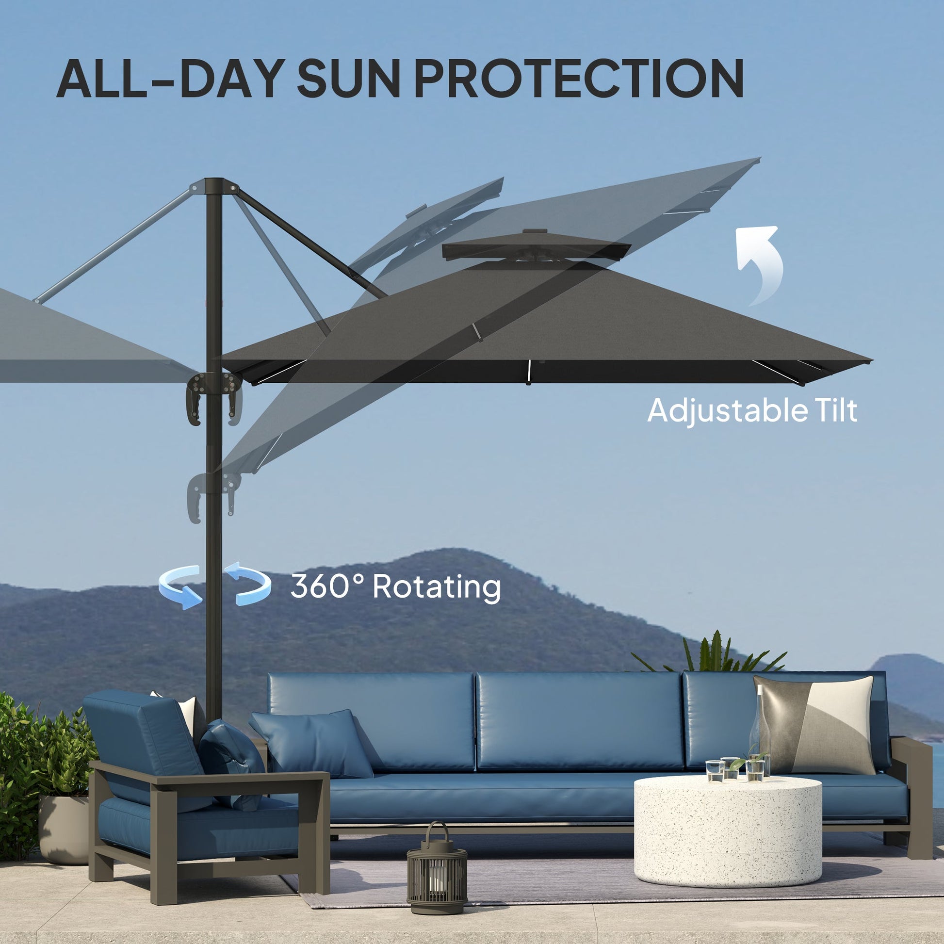 8' Cantilever Patio Umbrella with Solar Powered LED Lights, Hanging Offset Umbrella with 360°Rotation, Tilt Adjustment, Crank, Cross Base for Garden, Dark Grey