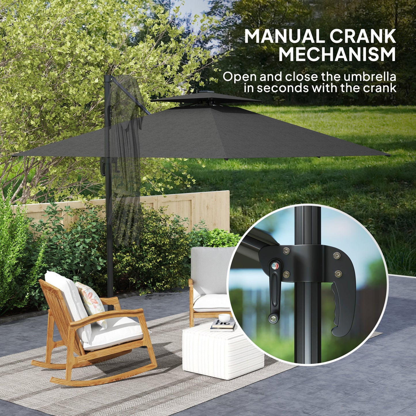 8' Cantilever Patio Umbrella with Solar Powered LED Lights, Hanging Offset Umbrella with 360°Rotation, Tilt Adjustment, Crank, Cross Base for Garden, Dark Grey