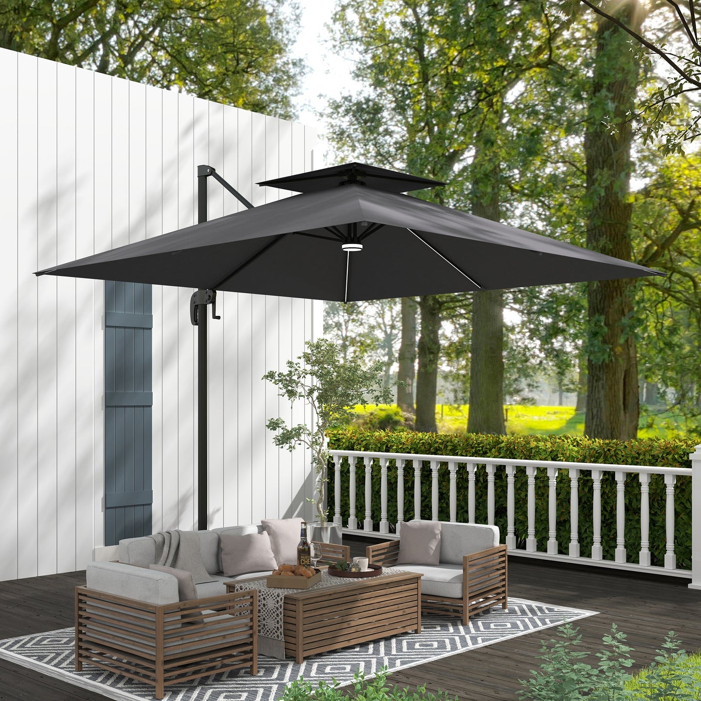 8' Cantilever Patio Umbrella with Solar Powered LED Lights, Hanging Offset Umbrella with 360°Rotation, Tilt Adjustment, Crank, Cross Base for Garden, Dark Grey