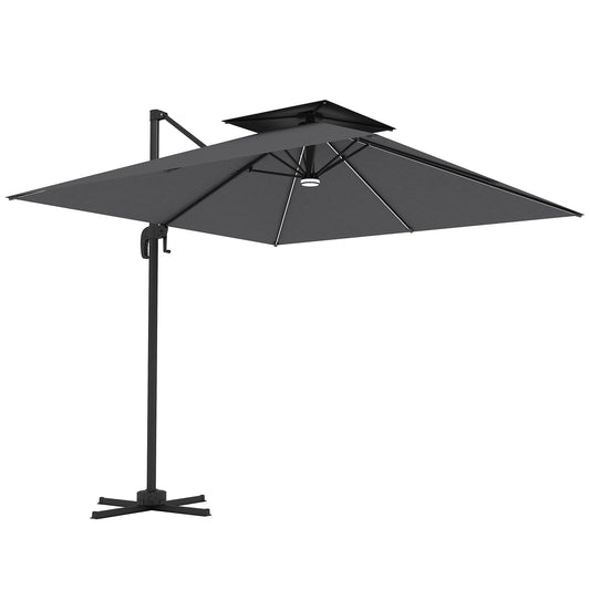 8' Cantilever Patio Umbrella with Solar Powered LED Lights, Hanging Offset Umbrella with 360°Rotation, Tilt Adjustment, Crank, Cross Base for Garden, Dark Grey