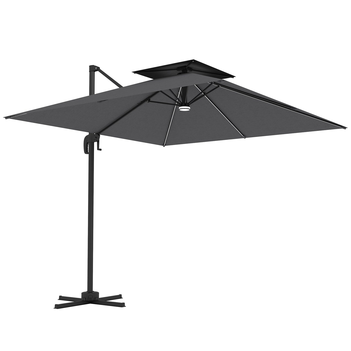 8' Cantilever Patio Umbrella with Solar Powered LED Lights, Hanging Offset Umbrella with 360°Rotation, Tilt Adjustment, Crank, Cross Base for Garden, Dark Grey