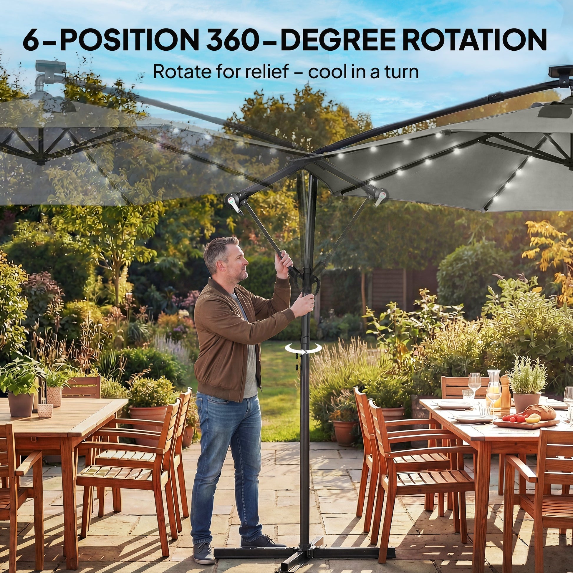 9.7 ft Cantilever Patio Umbrella with Solar LED Light, Cover, Round Offset Hanging Outdoor Umbrella Parasol with Tilt and Crank Handle, Grey