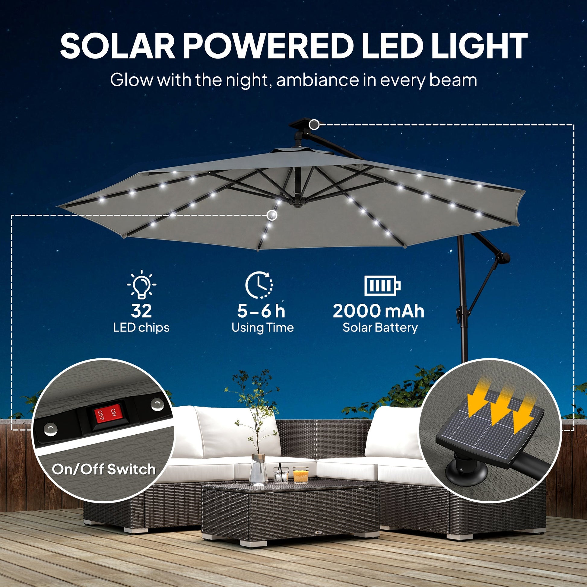 9.7 ft Cantilever Patio Umbrella with Solar LED Light, Cover, Round Offset Hanging Outdoor Umbrella Parasol with Tilt and Crank Handle, Grey