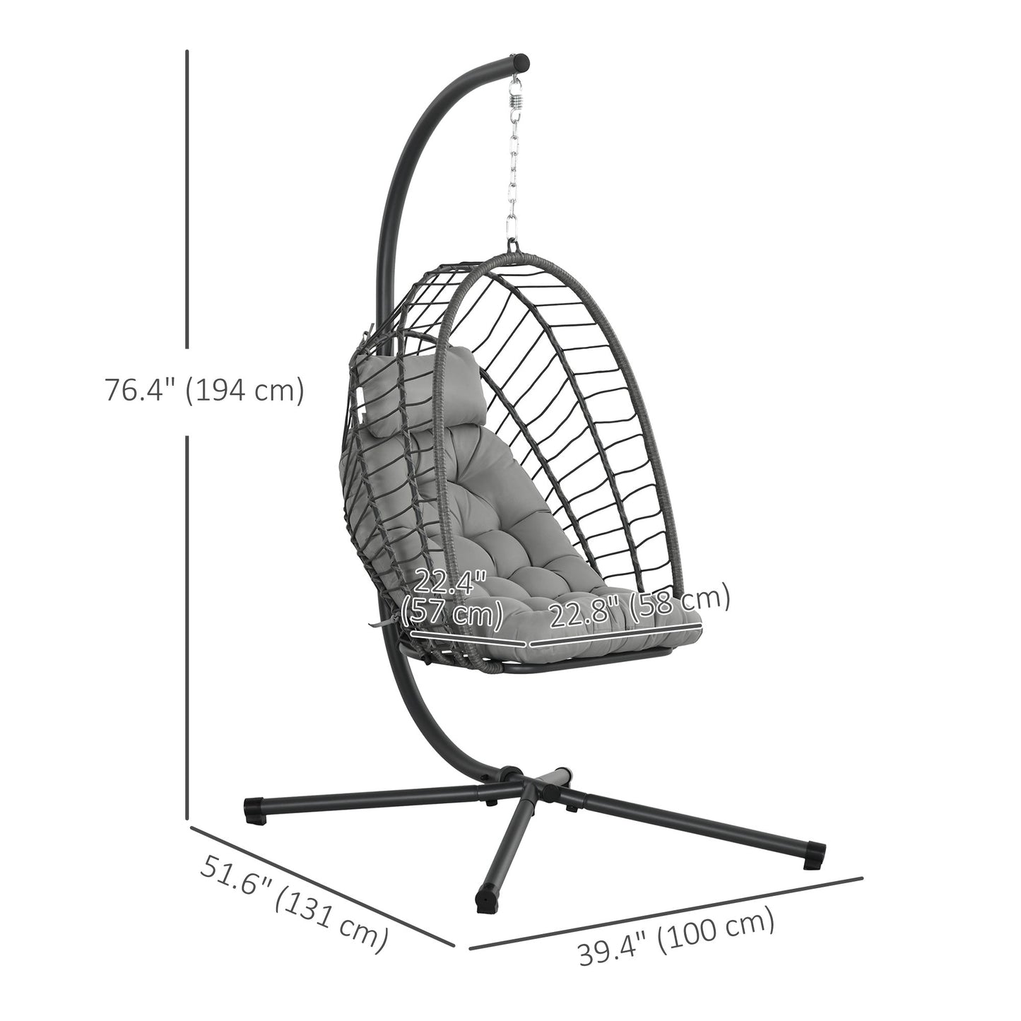 Outdoor Rattan Swing Chair with Foldable Basket and Cushion, Garden Patio Hanging Egg Chair with Metal Stand, Headrest for Indoor and Outdoor, Light Grey