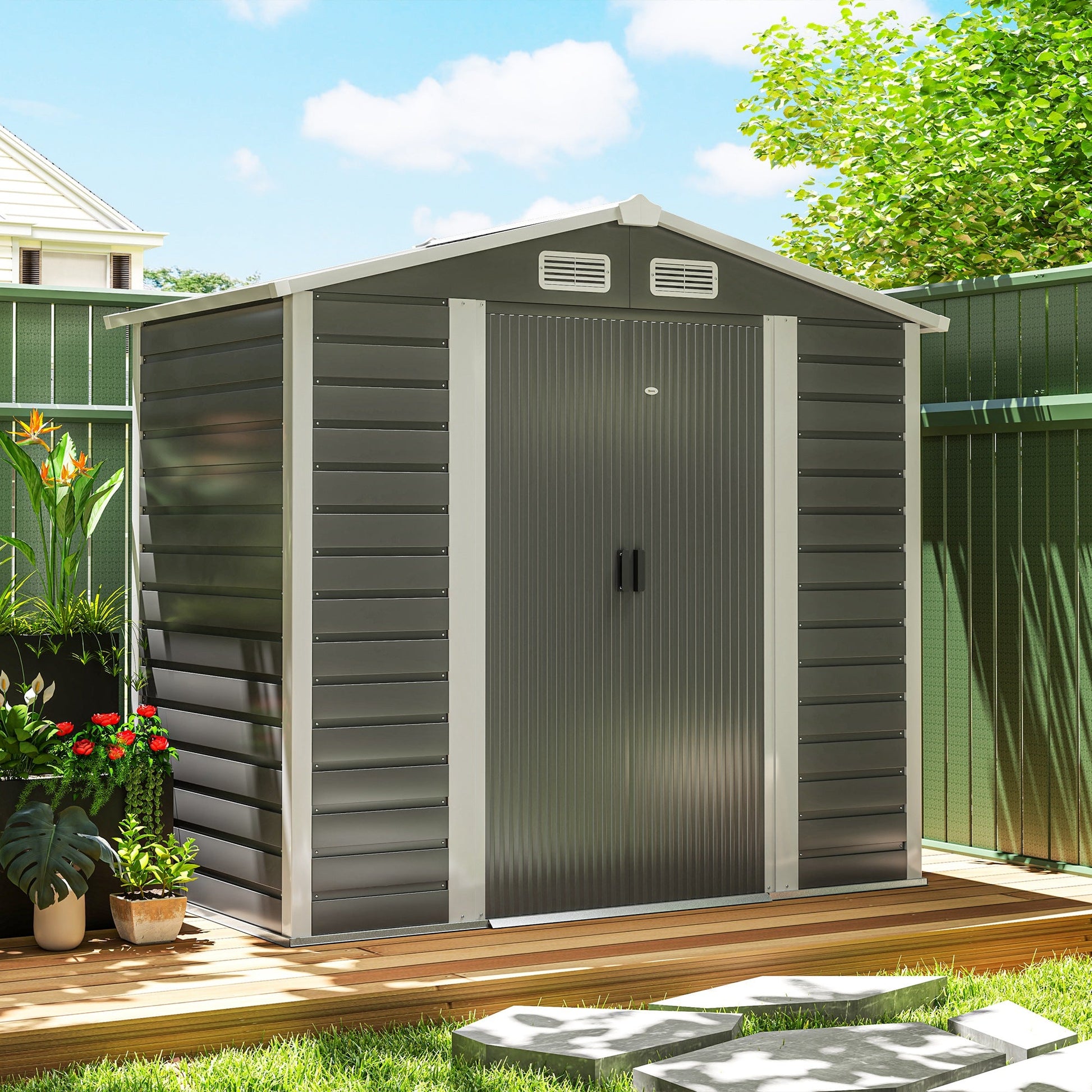 7' x 4' Outdoor Storage Shed, Easy to Assemble, Upgraded Galvanised Steel Frame with Foundation Kit, Double Doors with Lock, Metal Garden Shed with Vents Gloves, Dark Grey