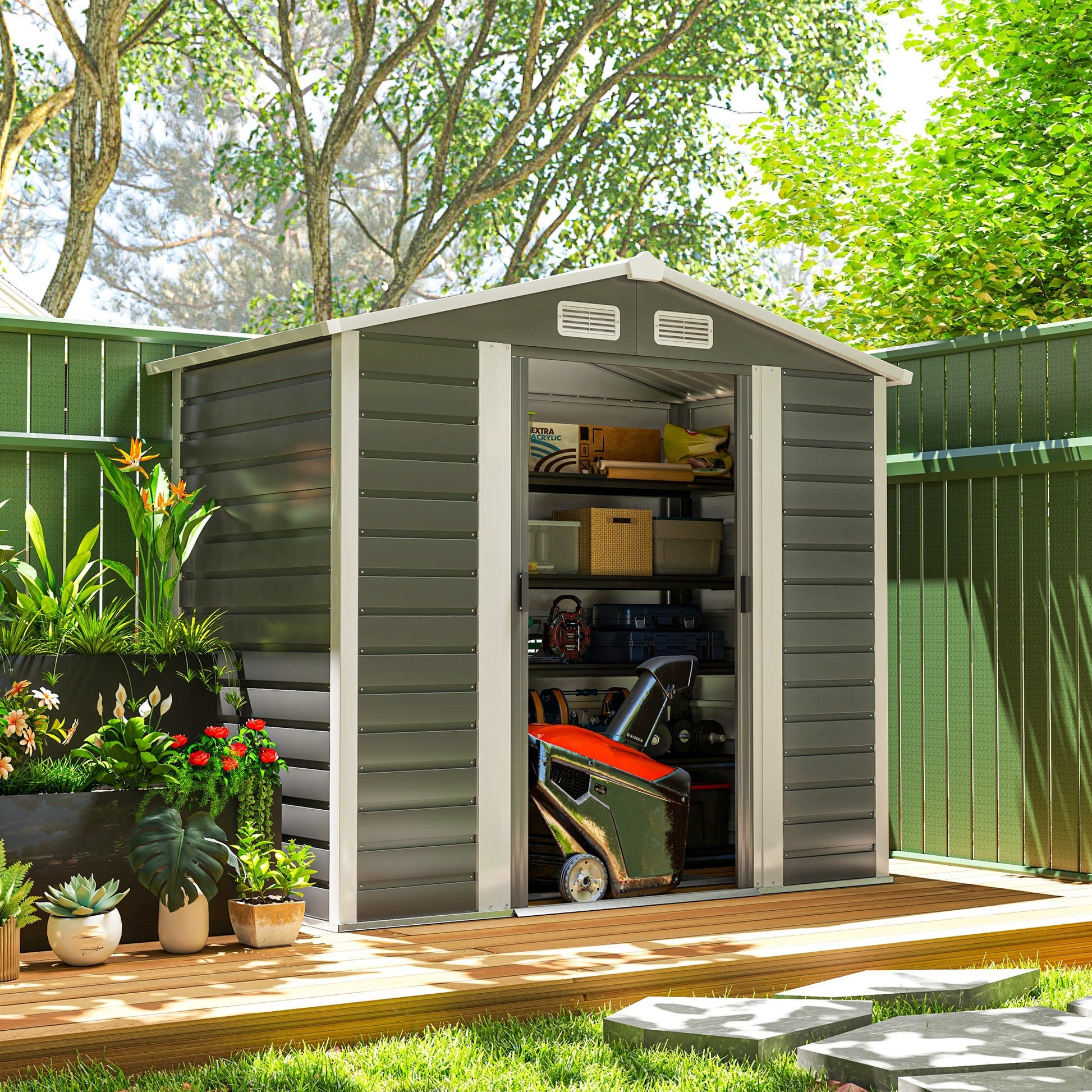 7' x 4' Outdoor Storage Shed, Easy to Assemble, Upgraded Galvanised Steel Frame with Foundation Kit, Double Doors with Lock, Metal Garden Shed with Vents Gloves, Dark Grey