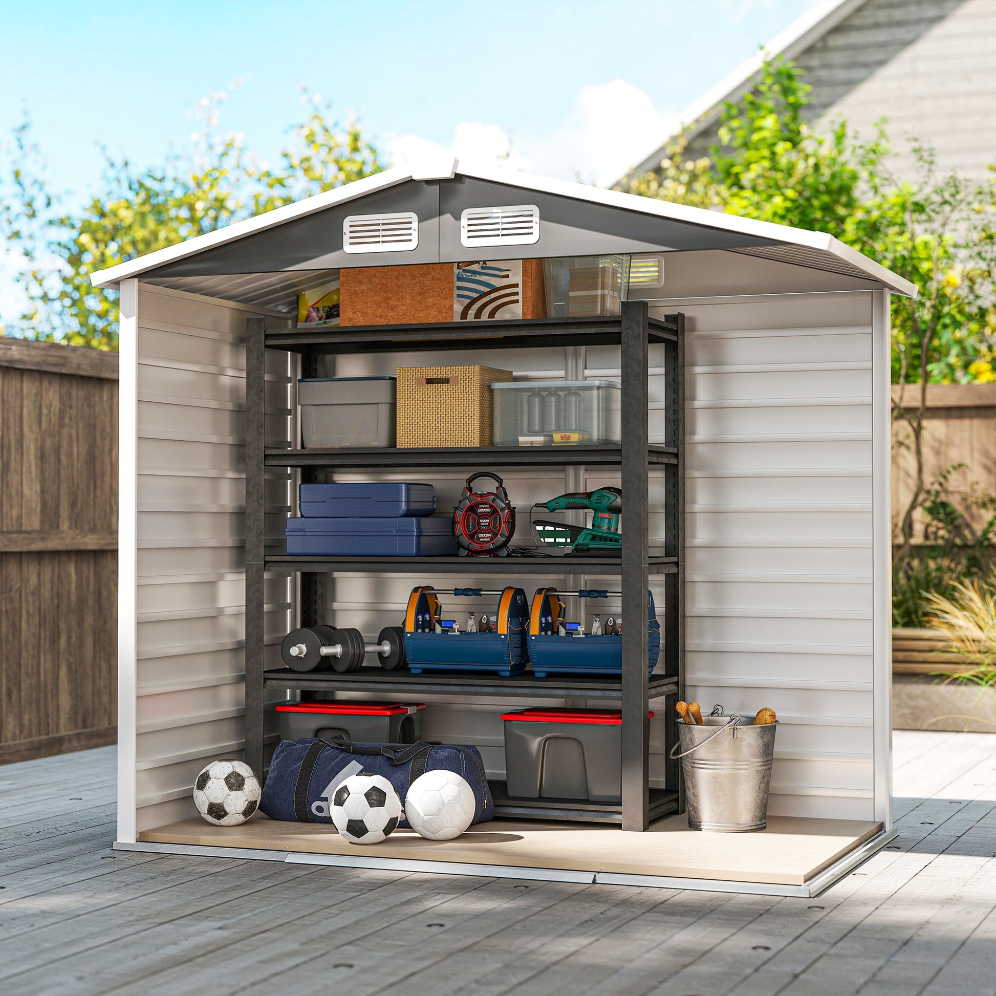 7' x 4' Outdoor Storage Shed, Easy to Assemble, Upgraded Galvanised Steel Frame with Foundation Kit, Double Doors with Lock, Metal Garden Shed with Vents Gloves, Dark Grey
