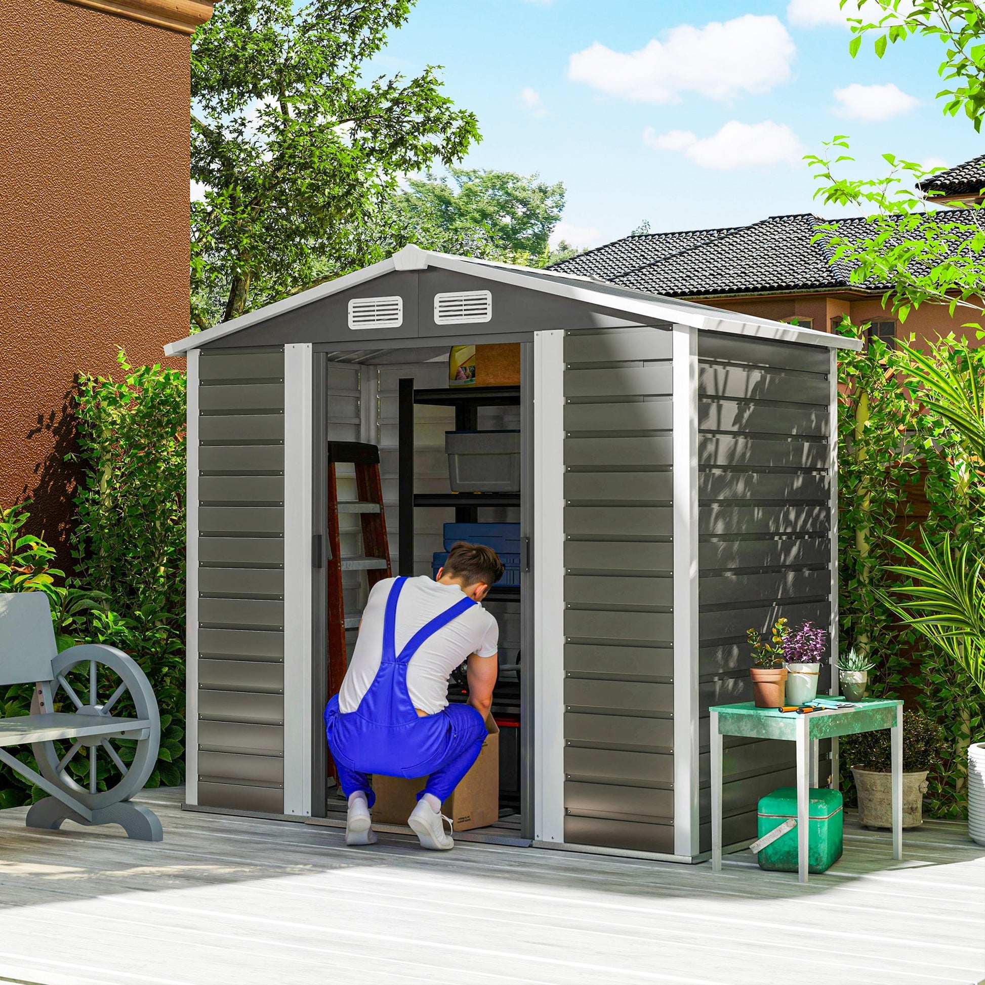 7' x 4' Outdoor Storage Shed, Easy to Assemble, Upgraded Galvanised Steel Frame with Foundation Kit, Double Doors with Lock, Metal Garden Shed with Vents Gloves, Dark Grey