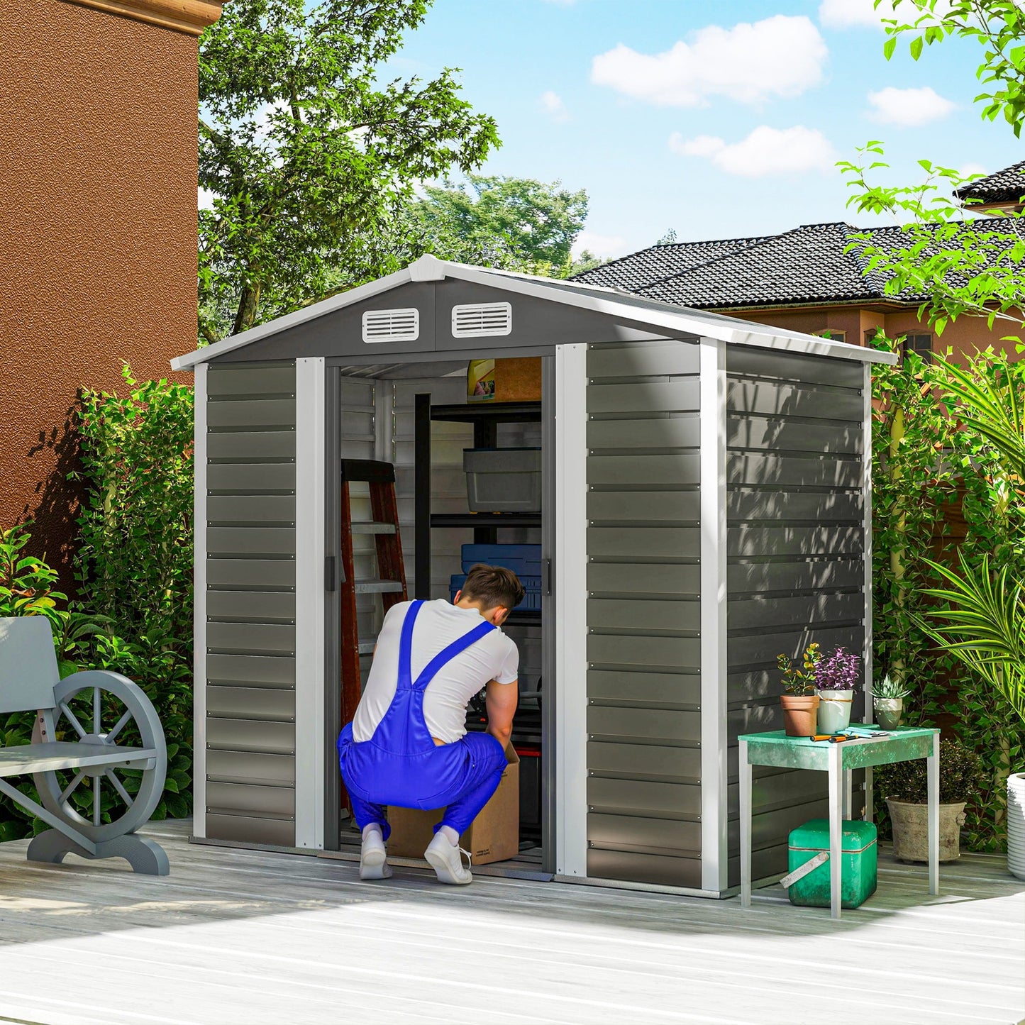 7' x 4' Outdoor Storage Shed, Easy to Assemble, Upgraded Galvanised Steel Frame with Foundation Kit, Double Doors with Lock, Metal Garden Shed with Vents Gloves, Dark Grey