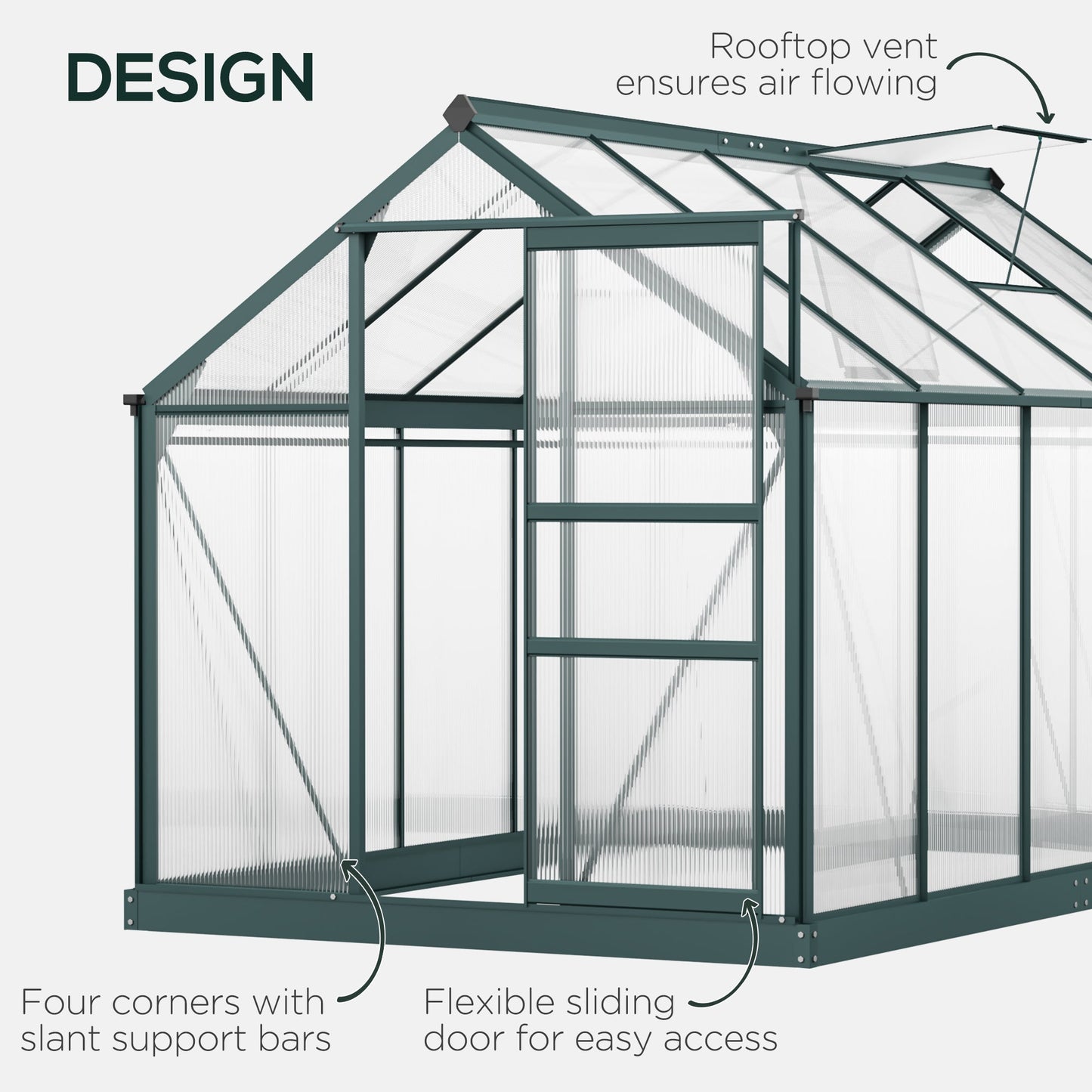 6' x 10' x 6.6' Polycarbonate Greenhouse, Walk-In Green House Kit Garden, Plants Grow, Galvanized Sheet Aluminum Frame with Rain Gutter, Vents and Sliding Door, Green