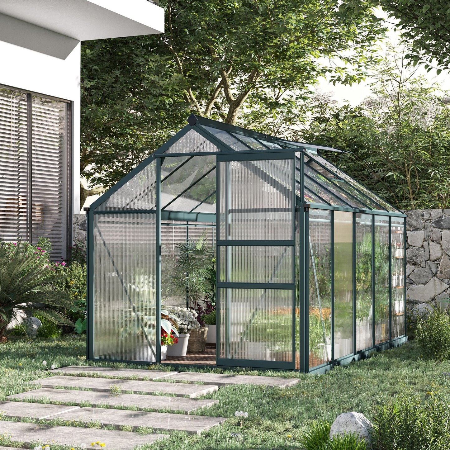 6' x 10' x 6.6' Polycarbonate Greenhouse, Walk-In Green House Kit Garden, Plants Grow, Galvanized Sheet Aluminum Frame with Rain Gutter, Vents and Sliding Door, Green