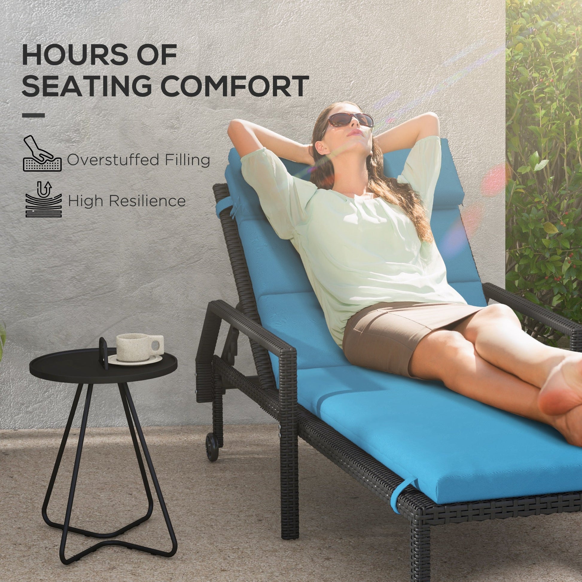 Outdoor Lounge Chair Cushion, Patio Chaise Lounge Cushion with Headrest and Ties, Water Resistant Replacement Sun Lounger Seat Pads, Turquoise