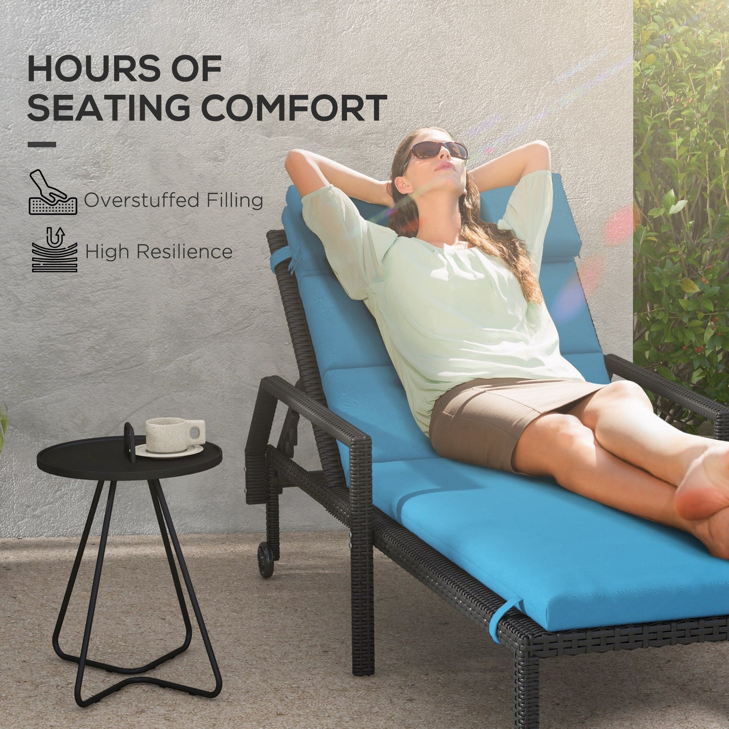 Outdoor Lounge Chair Cushion, Patio Chaise Lounge Cushion with Headrest and Ties, Water Resistant Replacement Sun Lounger Seat Pads, Turquoise