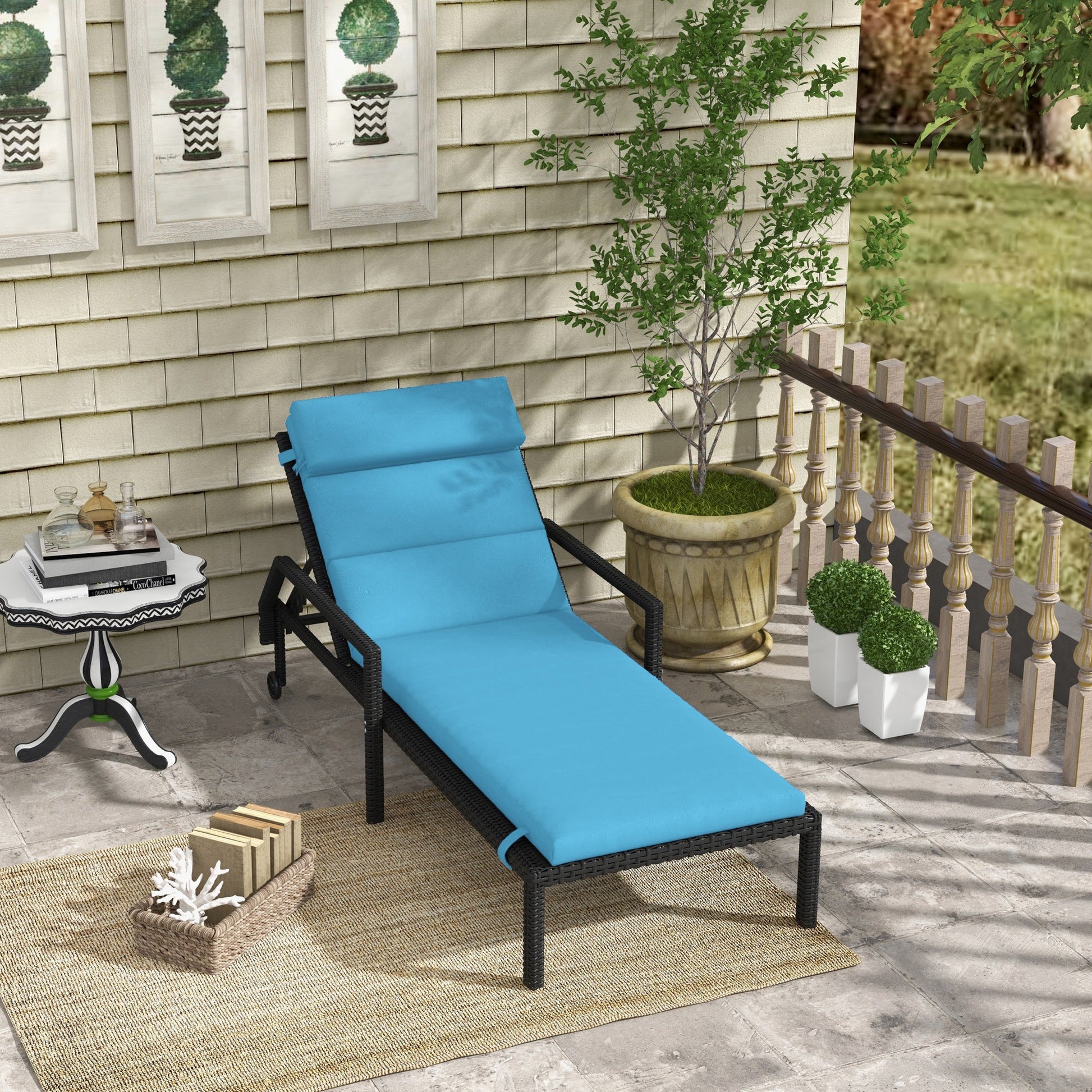 Outdoor Lounge Chair Cushion, Patio Chaise Lounge Cushion with Headrest and Ties, Water Resistant Replacement Sun Lounger Seat Pads, Turquoise