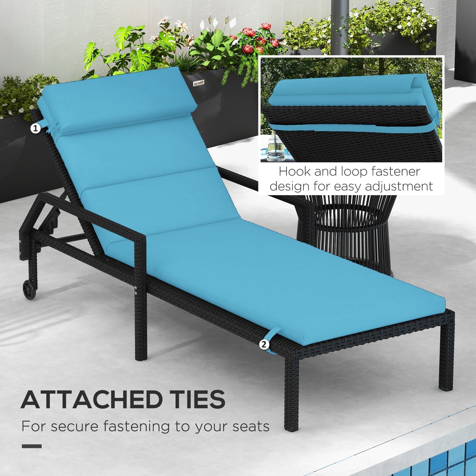 Outdoor Lounge Chair Cushion, Patio Chaise Lounge Cushion with Headrest and Ties, Water Resistant Replacement Sun Lounger Seat Pads, Turquoise