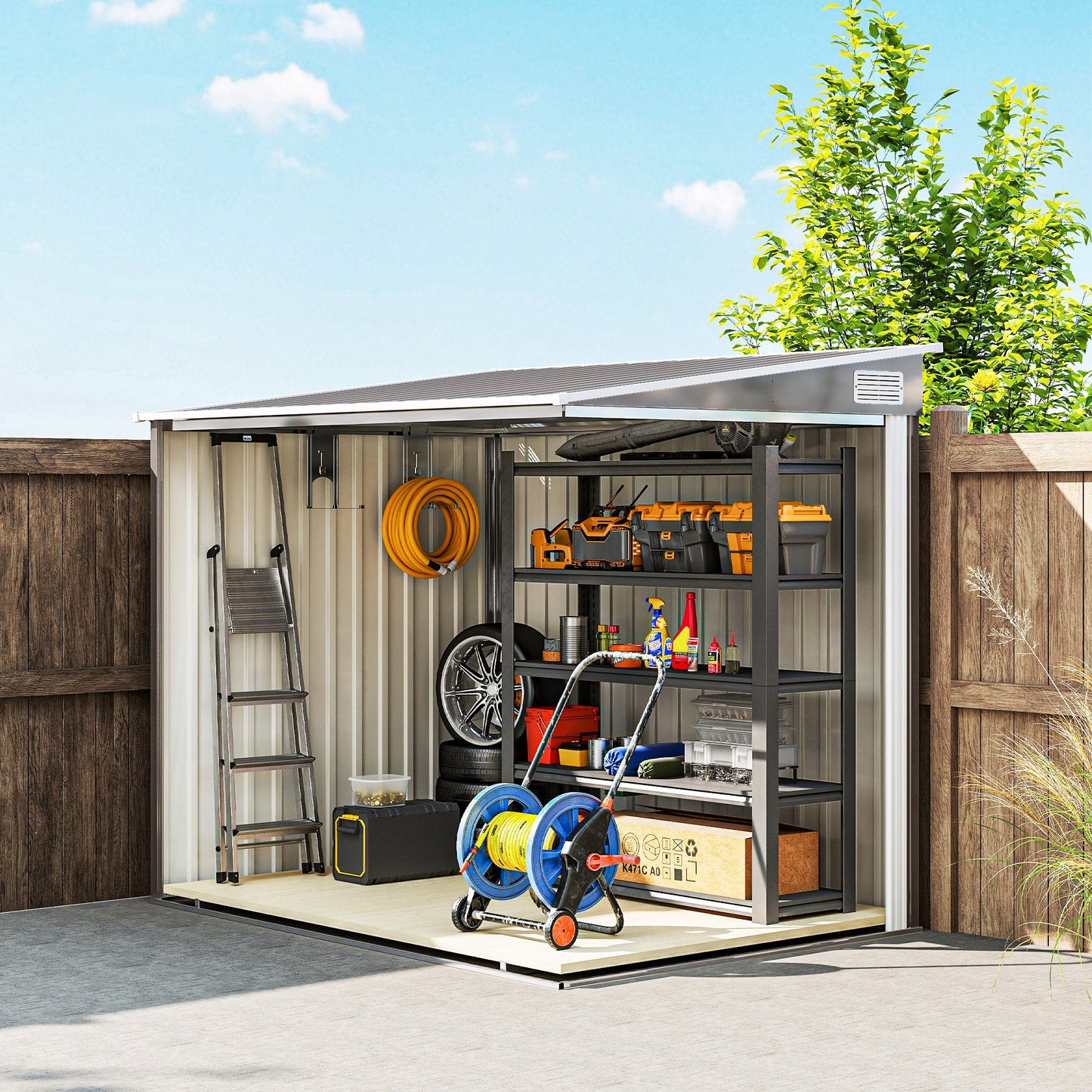 5 x 7FT Lean to Outdoor Storage Shed with Foundation Kit, Metal Garden Shed with Adjustable Shelves, Sliding Door, Vents, Hooks for Backyard, Patio, Lawn, Light Grey