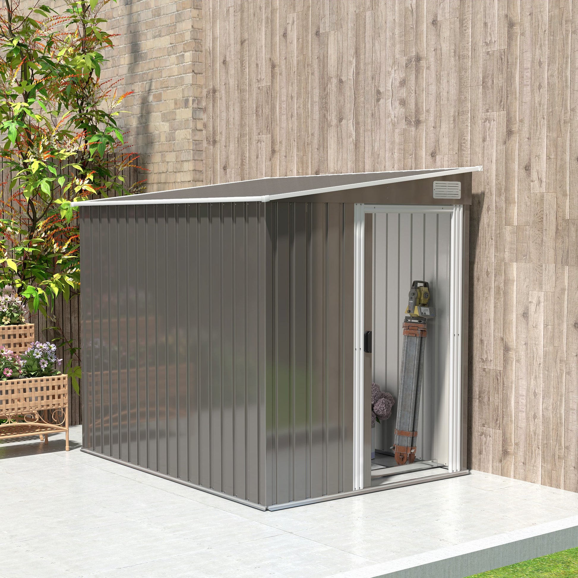 5 x 7FT Lean to Outdoor Storage Shed with Foundation Kit, Metal Garden Shed with Adjustable Shelves, Sliding Door, Vents, Hooks for Backyard, Patio, Lawn, Light Grey