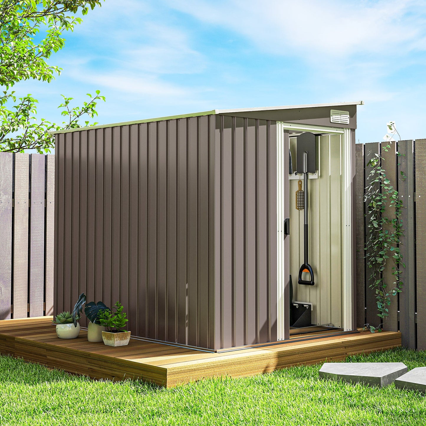 5 x 7FT Lean to Outdoor Storage Shed with Foundation Kit, Metal Garden Shed with Adjustable Shelves, Sliding Door, Vents, Hooks for Backyard, Patio, Lawn, Light Grey