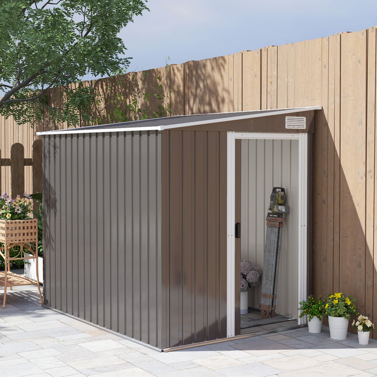 5 x 7FT Lean to Outdoor Storage Shed with Foundation Kit, Metal Garden Shed with Adjustable Shelves, Sliding Door, Vents, Hooks for Backyard, Patio, Lawn, Light Grey