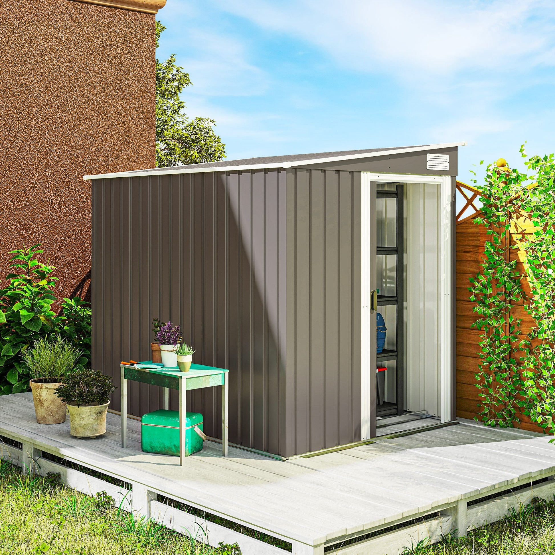 5 x 7FT Lean to Outdoor Storage Shed with Foundation Kit, Metal Garden Shed with Adjustable Shelves, Sliding Door, Vents, Hooks for Backyard, Patio, Lawn, Light Grey