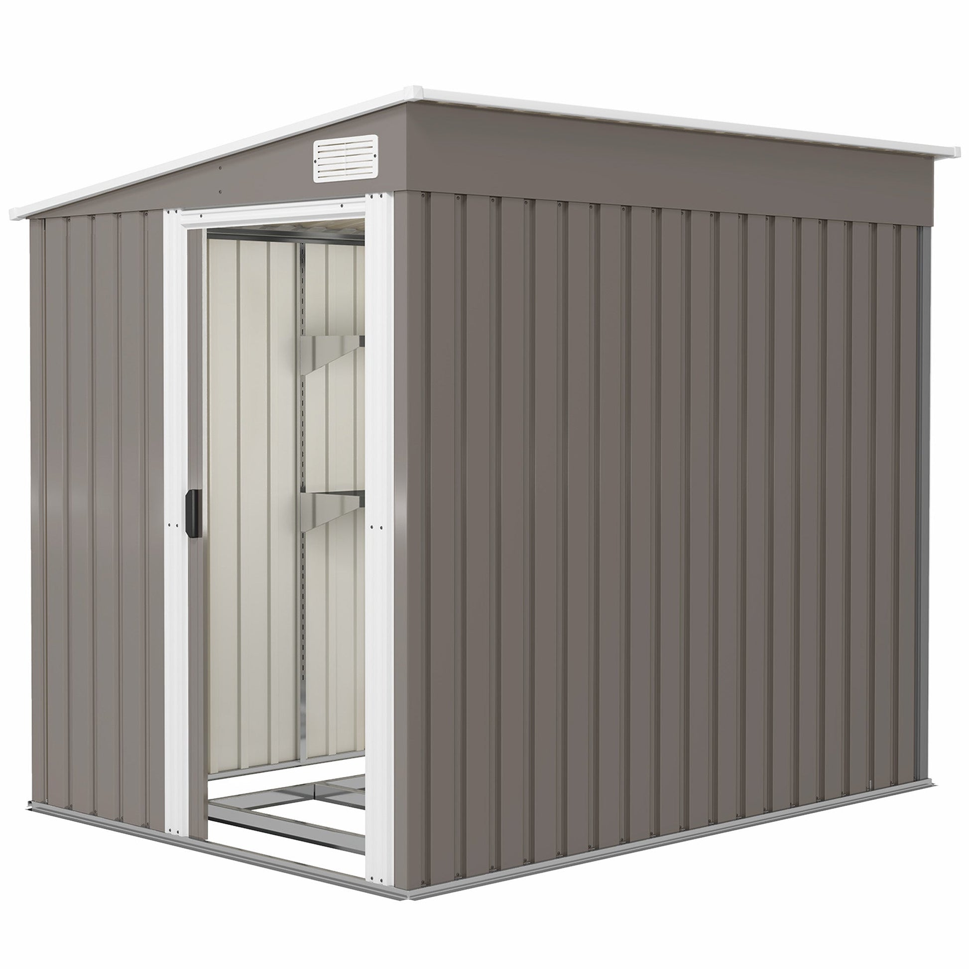 5 x 7FT Lean to Outdoor Storage Shed with Foundation Kit, Metal Garden Shed with Adjustable Shelves, Sliding Door, Vents, Hooks for Backyard, Patio, Lawn, Light Grey