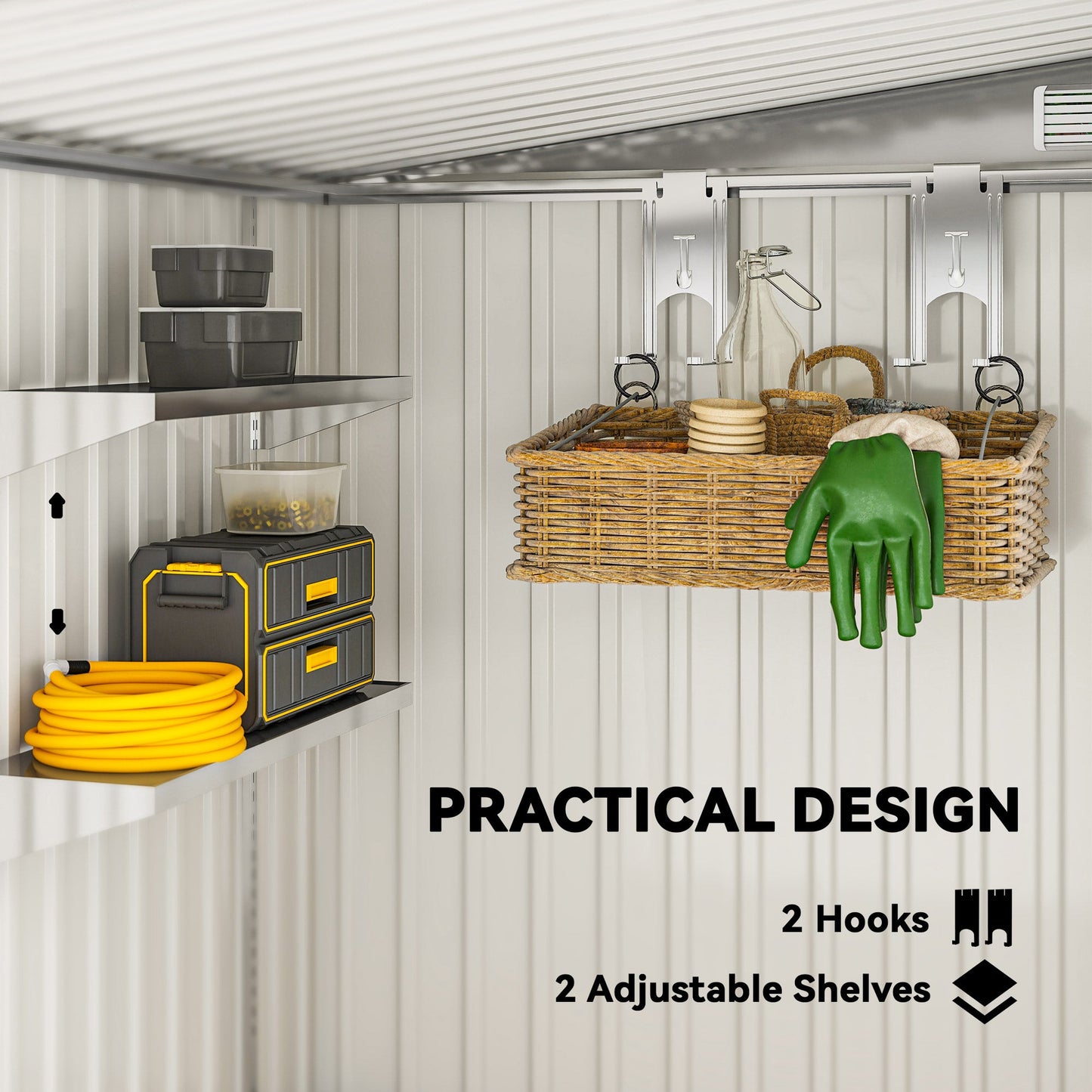 5 x 7FT Lean to Outdoor Storage Shed with Foundation Kit, Metal Garden Shed with Adjustable Shelves, Sliding Door, Vents, Hooks for Backyard, Patio, Lawn, Light Grey