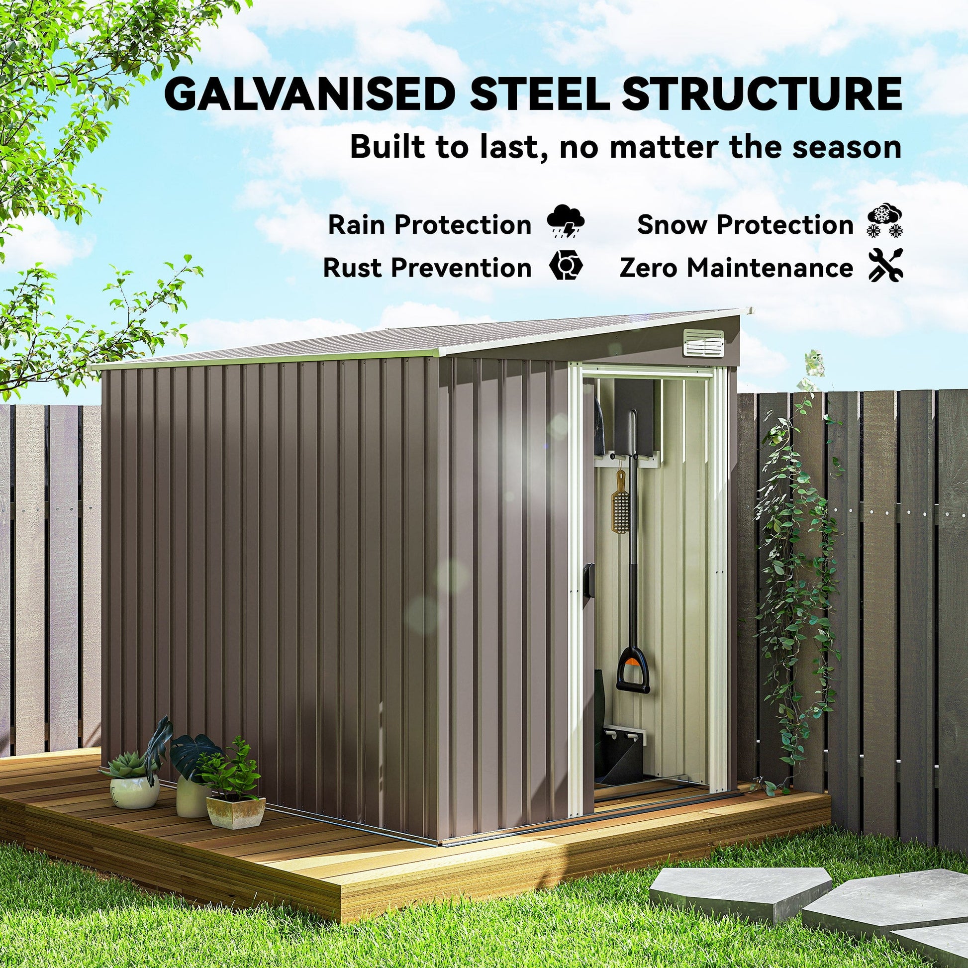 5 x 7FT Lean to Outdoor Storage Shed with Foundation Kit, Metal Garden Shed with Adjustable Shelves, Sliding Door, Vents, Hooks for Backyard, Patio, Lawn, Light Grey