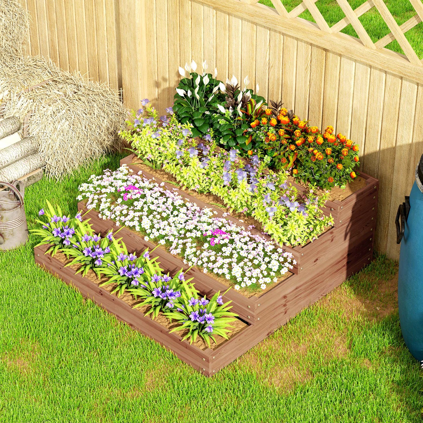 4-Tier Raised Garden Bed, Wooden Elevated Planter Box Kit with Liner, Raised Flower Bed for Vegetables, Flowers, Herbs, 45" x 45" x 18", Dark Brown