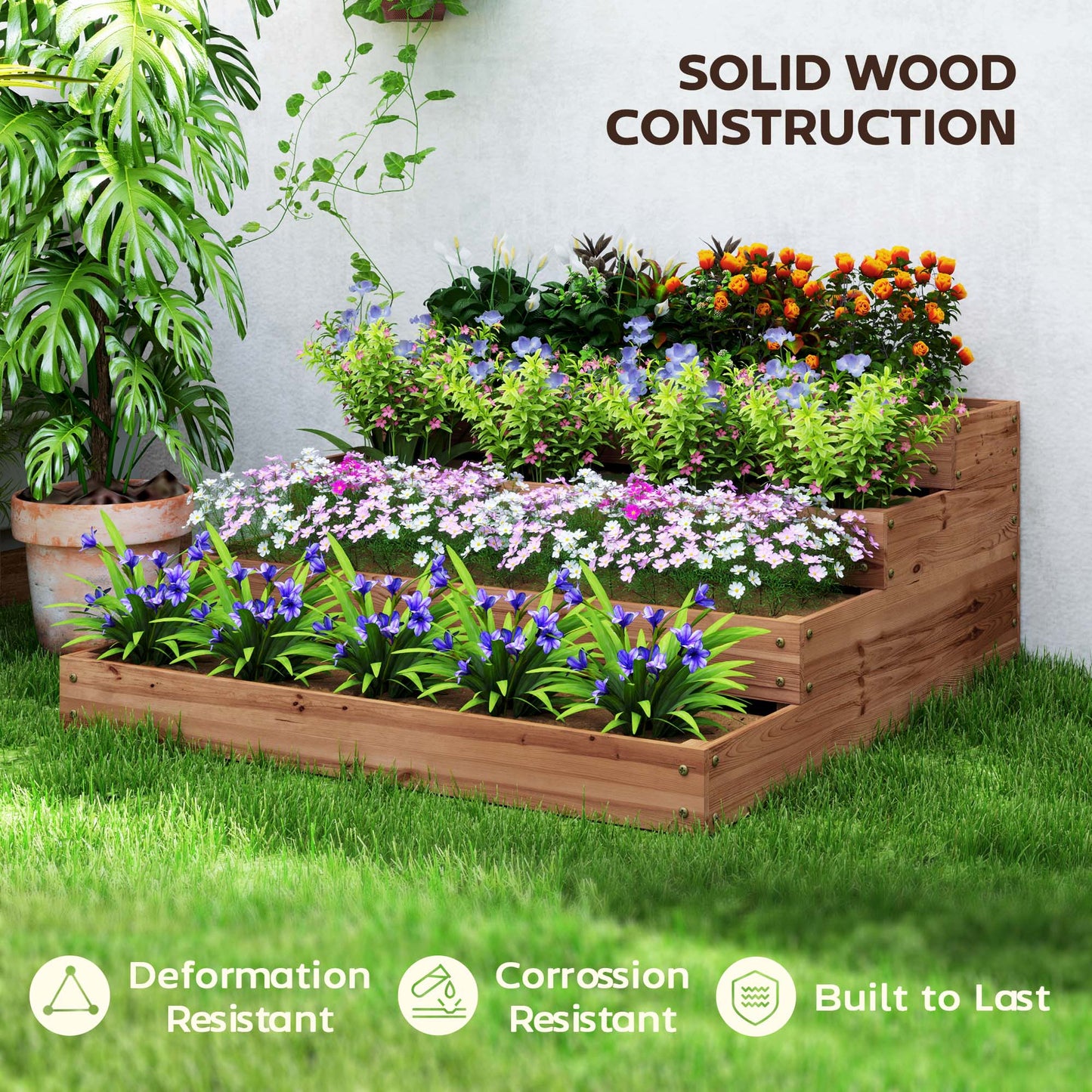 4-Tier Raised Garden Bed, Wooden Elevated Planter Box Kit with Liner, Raised Flower Bed for Vegetables, Flowers, Herbs, 45" x 45" x 18", Dark Brown