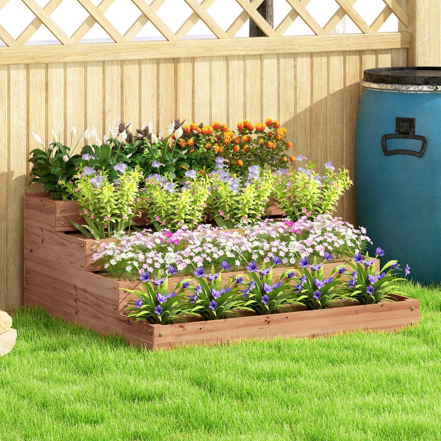 4-Tier Raised Garden Bed, Wooden Elevated Planter Box Kit with Liner, Raised Flower Bed for Vegetables, Flowers, Herbs, 45" x 45" x 18", Dark Brown