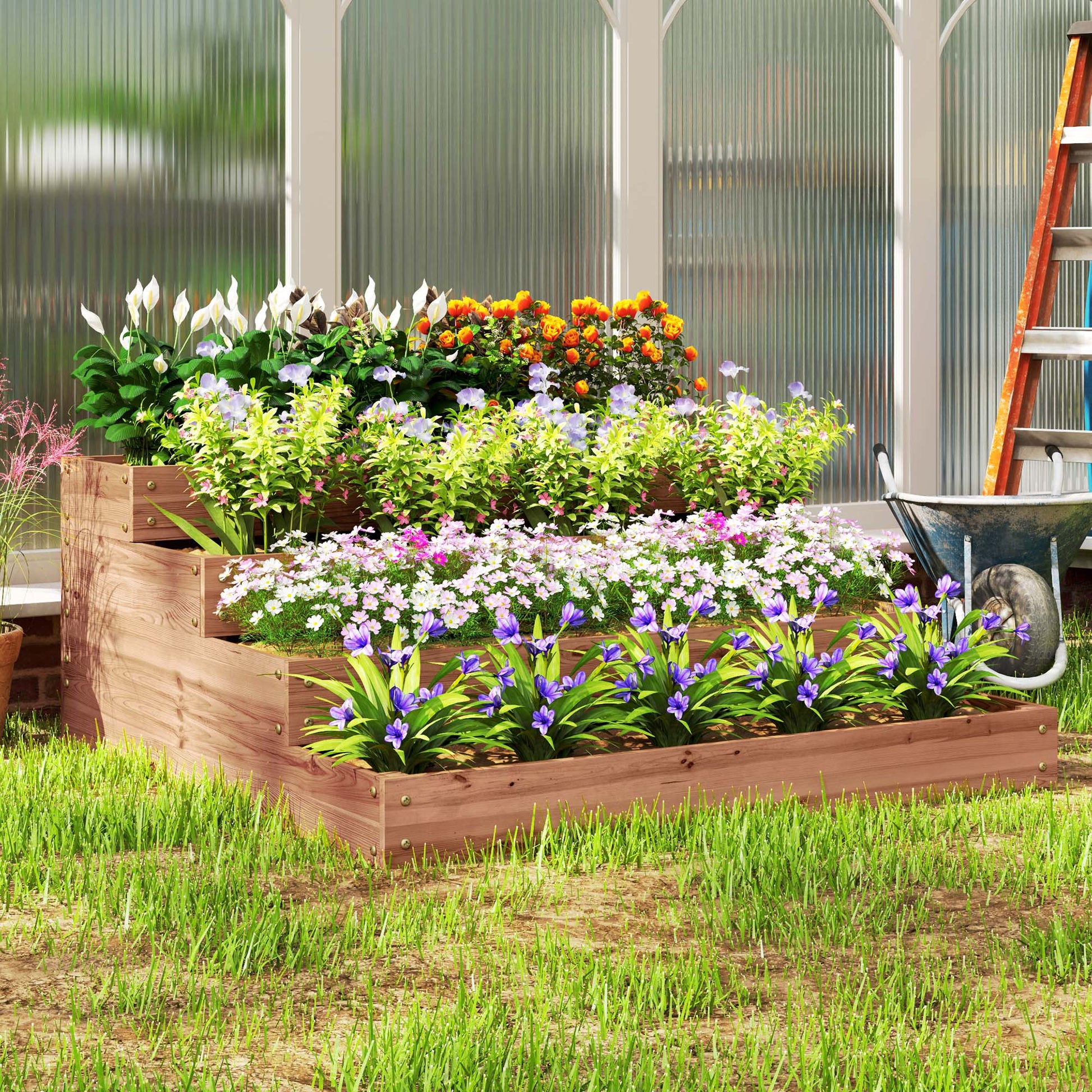 4-Tier Raised Garden Bed, Wooden Elevated Planter Box Kit with Liner, Raised Flower Bed for Vegetables, Flowers, Herbs, 45" x 45" x 18", Dark Brown