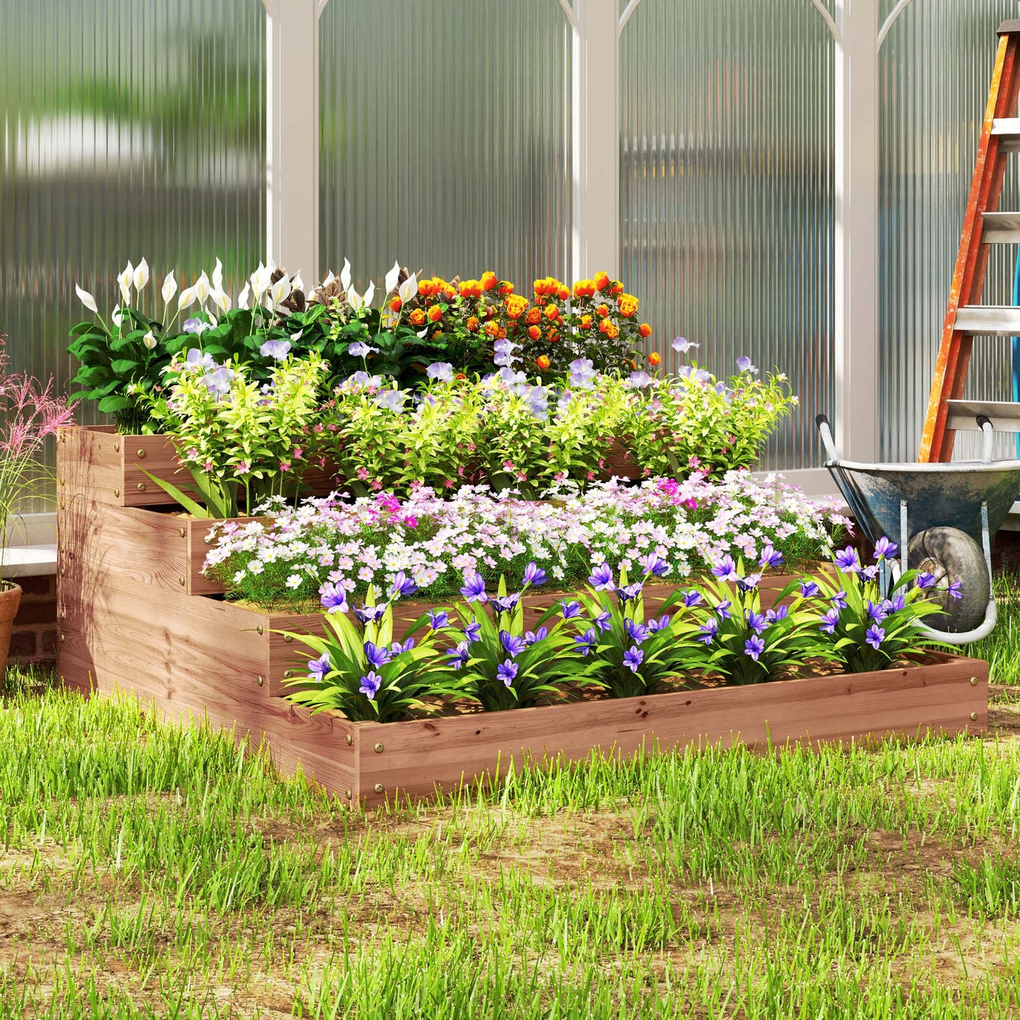 4-Tier Raised Garden Bed, Wooden Elevated Planter Box Kit with Liner, Raised Flower Bed for Vegetables, Flowers, Herbs, 45" x 45" x 18", Dark Brown