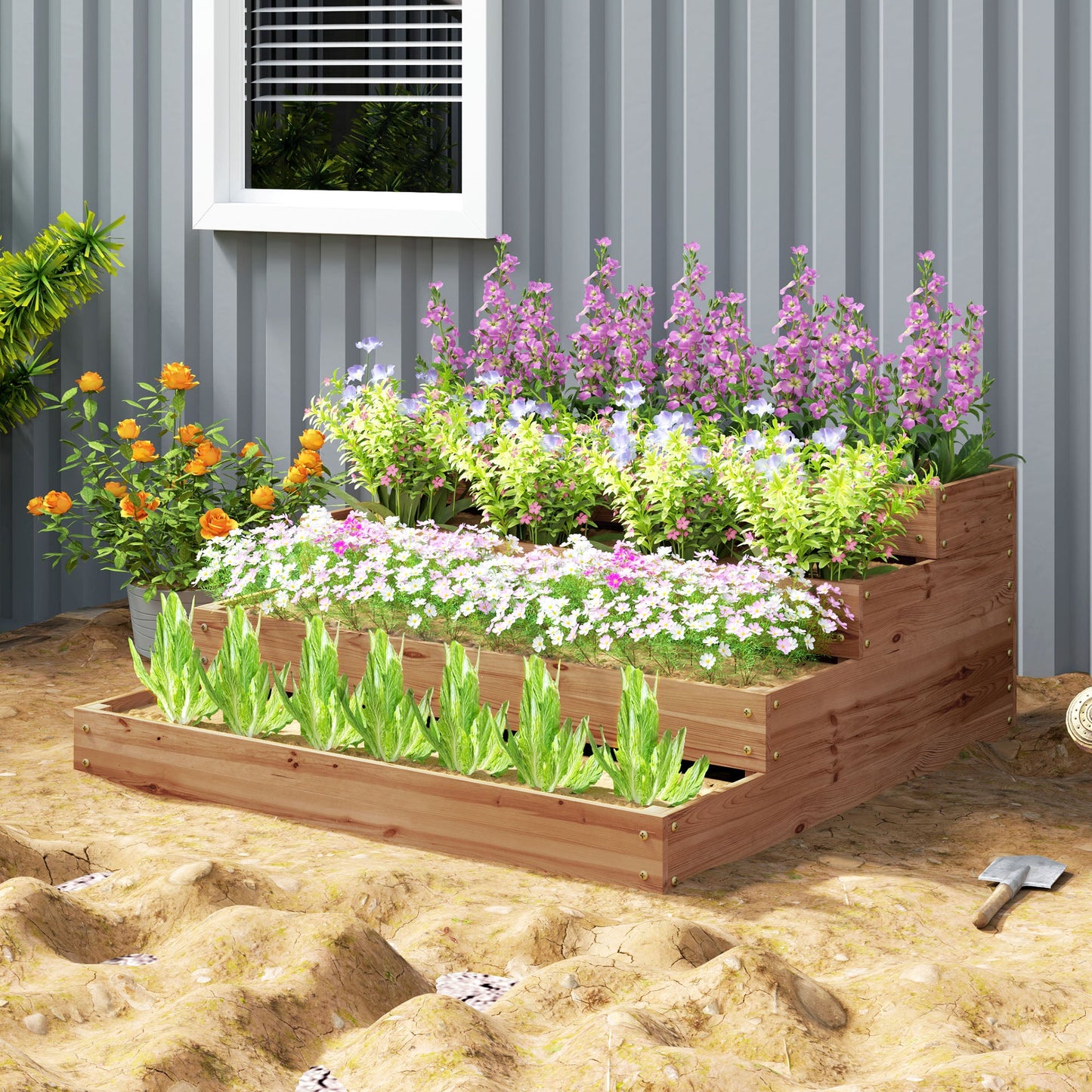 4-Tier Raised Garden Bed, Wooden Elevated Planter Box Kit with Liner, Raised Flower Bed for Vegetables, Flowers, Herbs, 45" x 45" x 18", Dark Brown