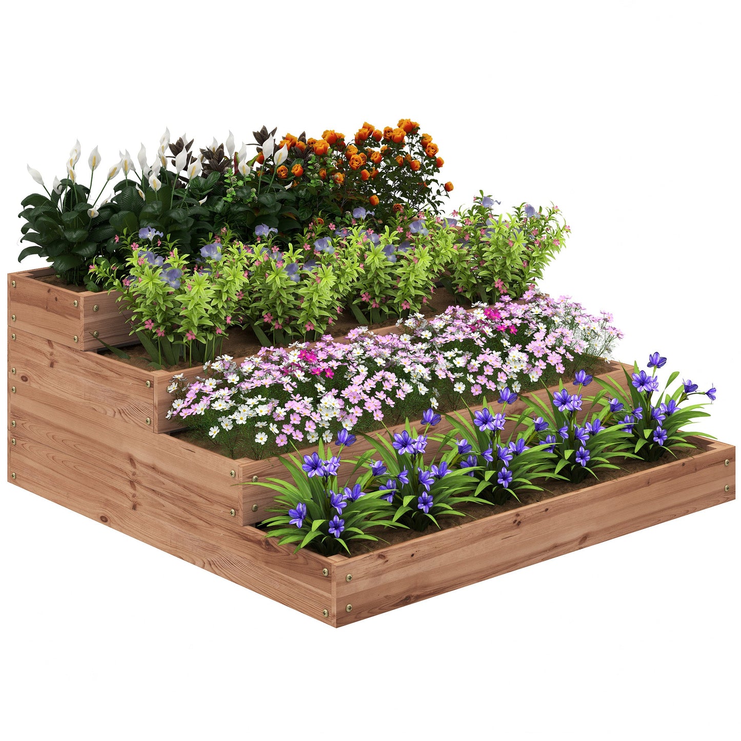 4-Tier Raised Garden Bed, 45" x 45" x 18"Wooden Elevated Planter Box Kit with Liner, Raised Flower Bed for Vegetables, Flowers, Herbs, Dark Brown