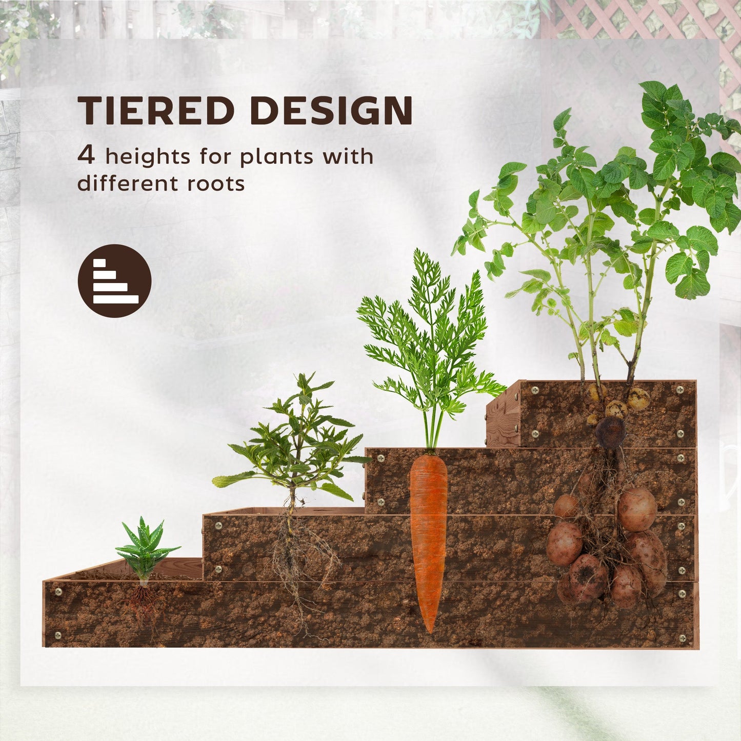 4-Tier Raised Garden Bed, Wooden Elevated Planter Box Kit with Liner, Raised Flower Bed for Vegetables, Flowers, Herbs, 45" x 45" x 18", Dark Brown