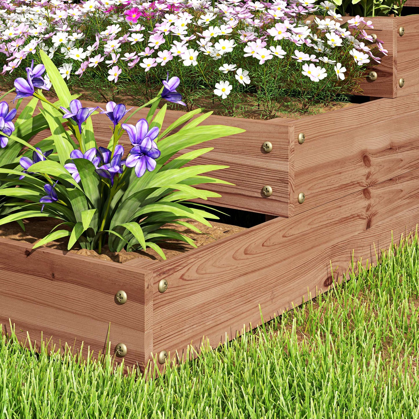 4-Tier Raised Garden Bed, Wooden Elevated Planter Box Kit with Liner, Raised Flower Bed for Vegetables, Flowers, Herbs, 45" x 45" x 18", Dark Brown