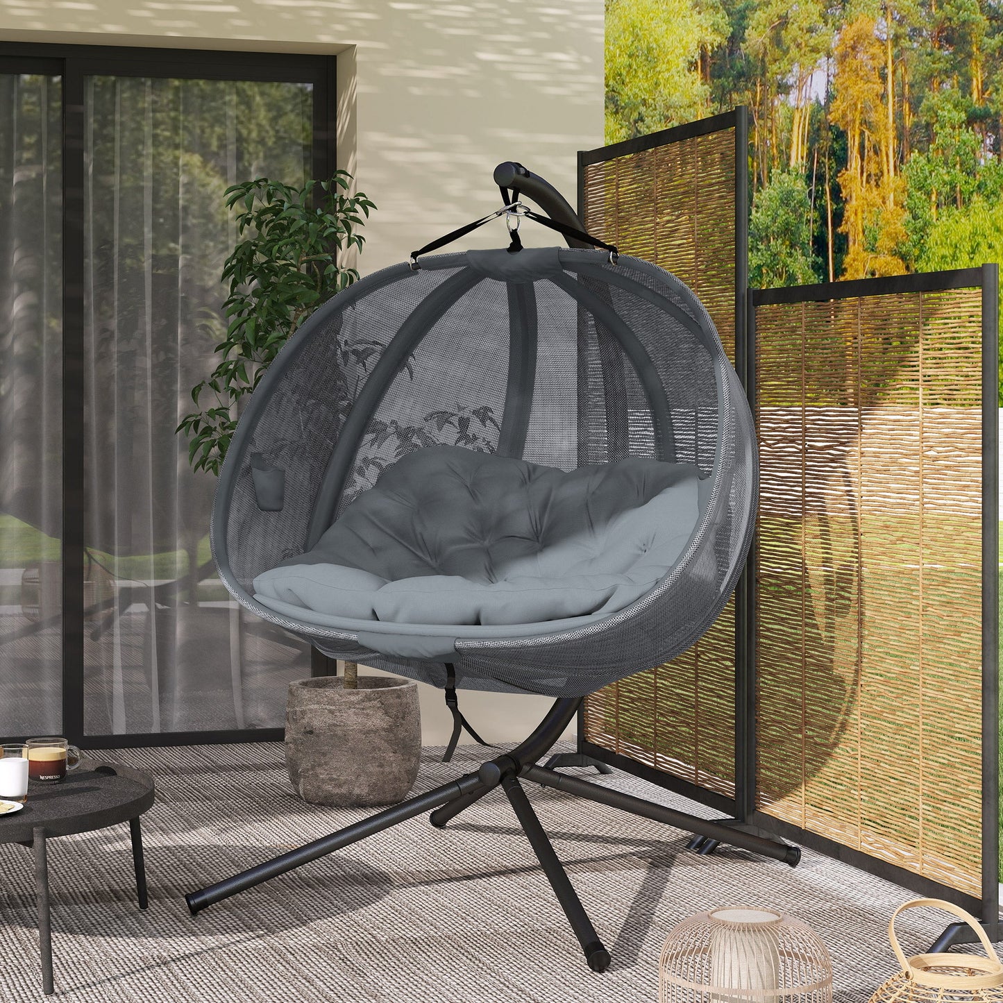Double Egg Chair with Stand, 2 Person Hanging Swing Egg Chair Outdoor Indoor, 528 LBS Capacity Loveseat Hammock Swing with Cushion, Pockets, Grey