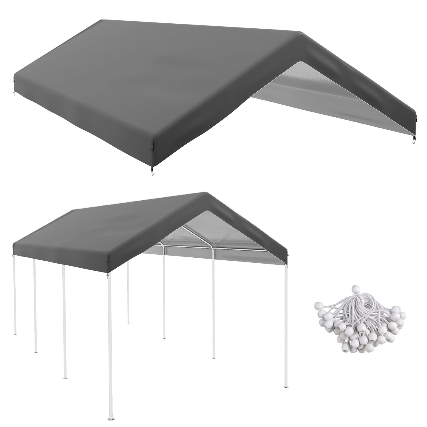 10 x 20 ft Carport Replacement Canopy, UV Resistant Garage Car Cover with Ball Bungee Cords, Dark Grey, (Only Cover)
