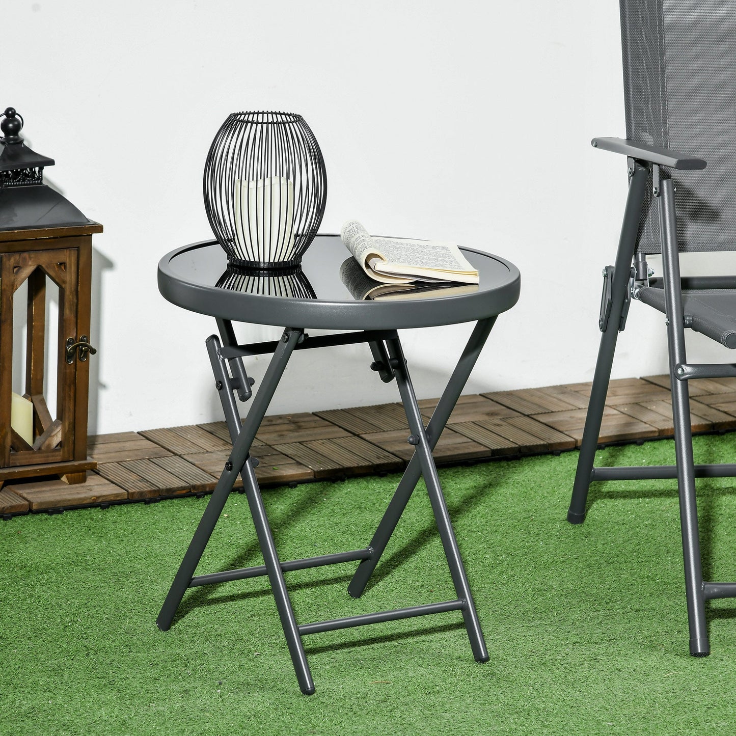 18" Outdoor Round Folding Table, Garden Side Table with Metal Frame and Tempered Glass Top for Patio, Picnic, Party, Wedding, Black