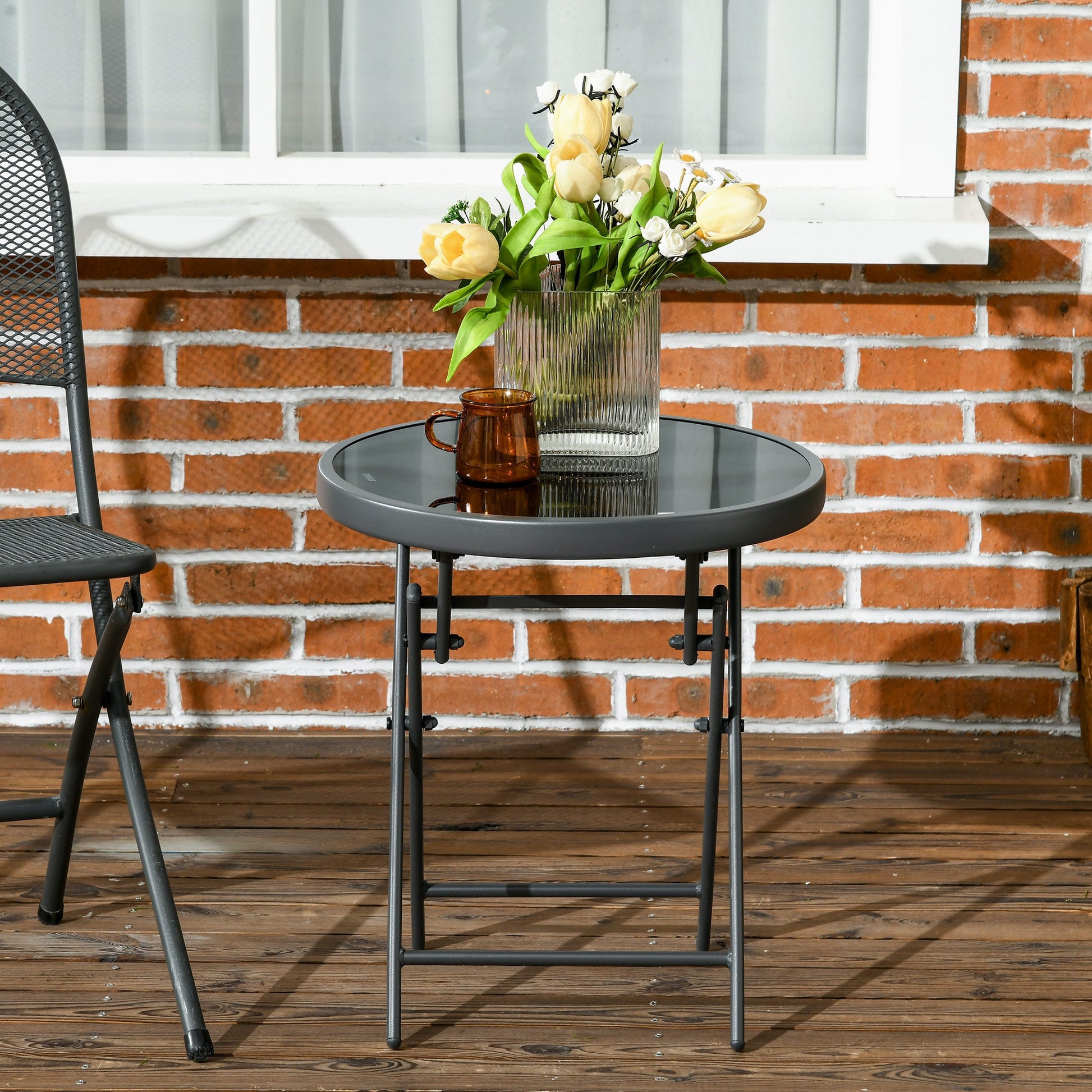 18" Outdoor Round Folding Table, Garden Side Table with Metal Frame and Tempered Glass Top for Patio, Picnic, Party, Wedding, Black