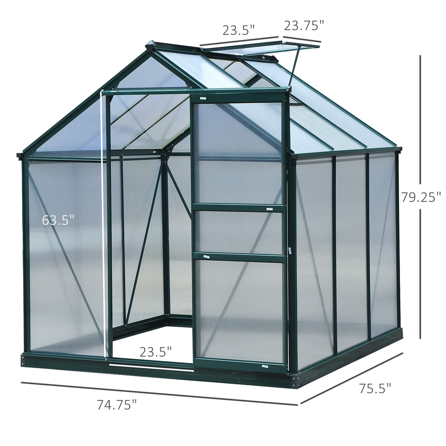 6' x 6' x 6.6' Polycarbonate Greenhouse, Walk-In Green House Kit Garden, Plants Grow, Galvanized Sheet Aluminum Frame with Rain Gutter, Vent and Sliding Door, Green
