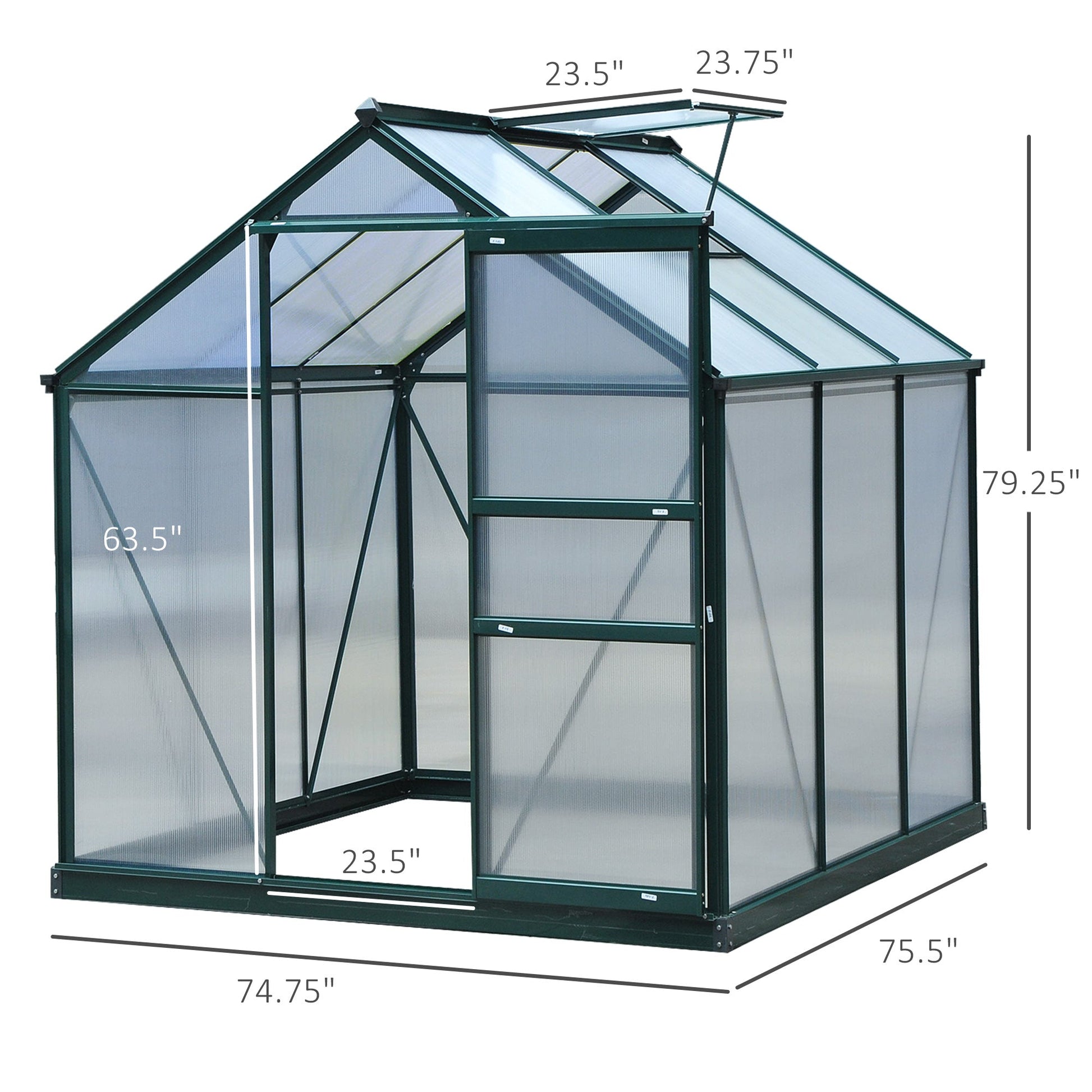 6' x 6' x 6.6' Polycarbonate Greenhouse, Walk-In Green House Kit Garden, Plants Grow, Galvanized Sheet Aluminum Frame with Rain Gutter, Vent and Sliding Door, Green