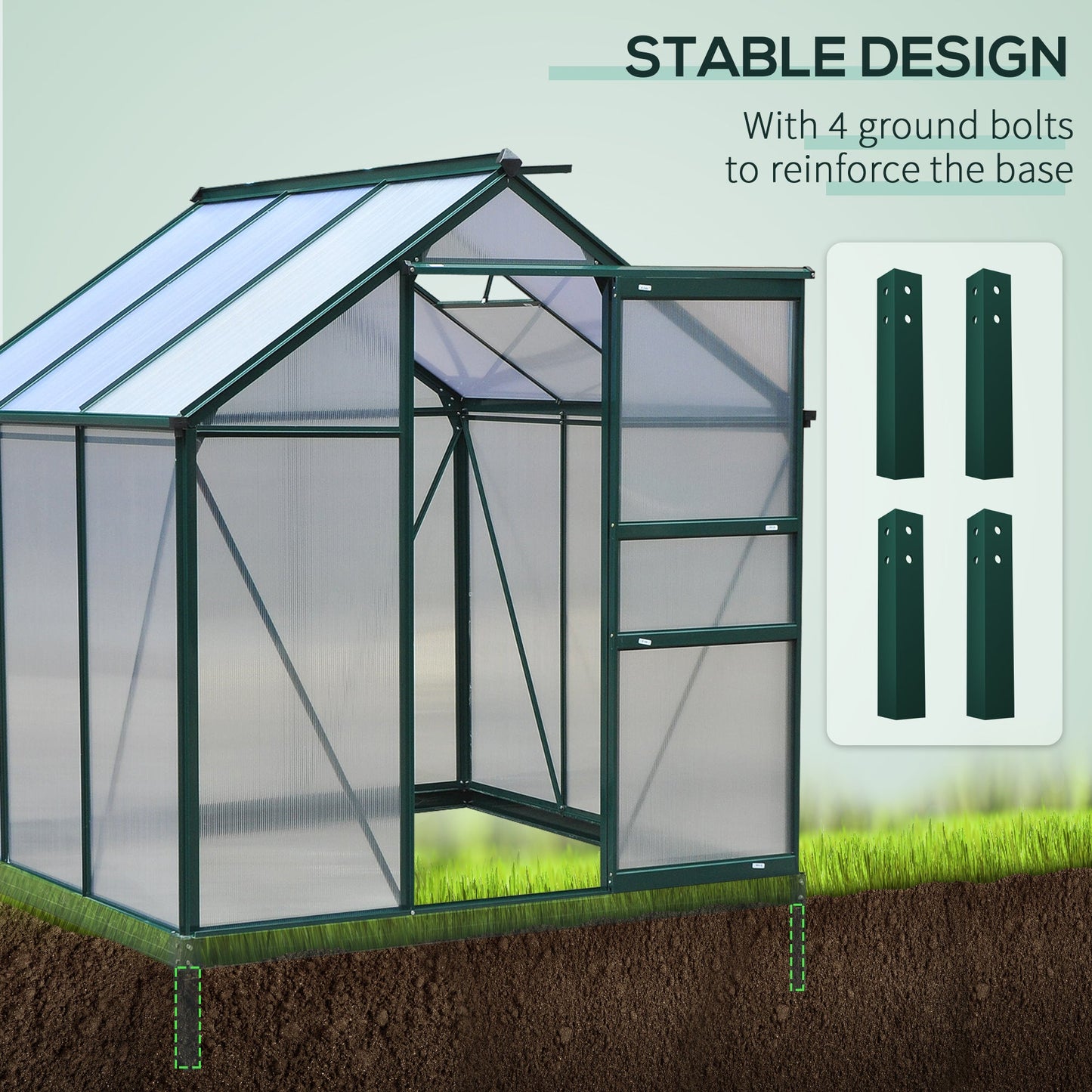 6' x 6' x 6.6' Polycarbonate Greenhouse, Walk-In Green House Kit Garden, Plants Grow, Galvanized Sheet Aluminum Frame with Rain Gutter, Vent and Sliding Door, Green
