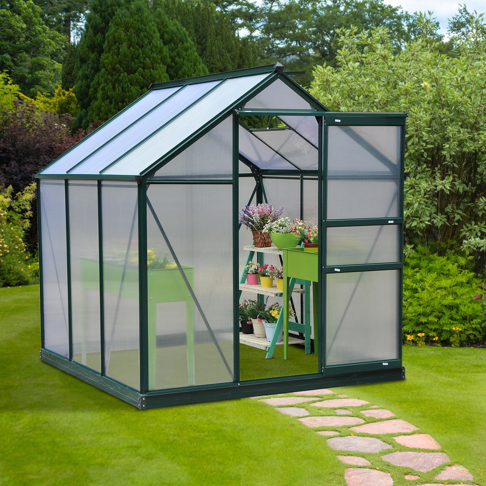 6' x 6' x 6.6' Polycarbonate Greenhouse, Walk-In Green House Kit Garden, Plants Grow, Galvanized Sheet Aluminum Frame with Rain Gutter, Vent and Sliding Door, Green