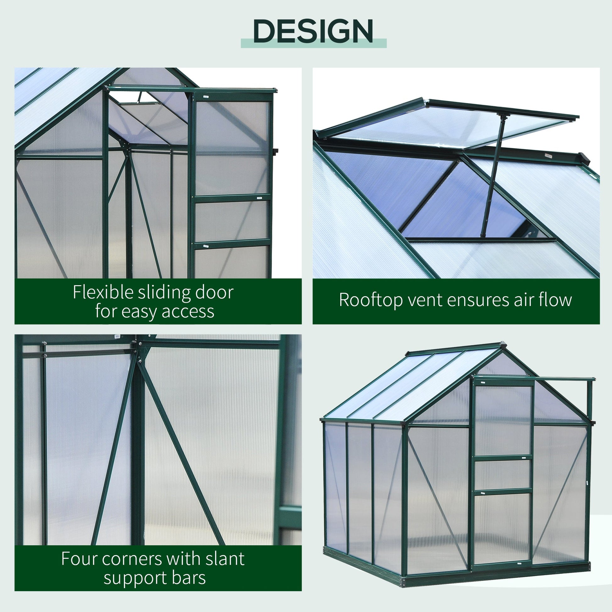 6' x 6' x 6.6' Polycarbonate Greenhouse, Walk-In Green House Kit Garden, Plants Grow, Galvanized Sheet Aluminum Frame with Rain Gutter, Vent and Sliding Door, Green