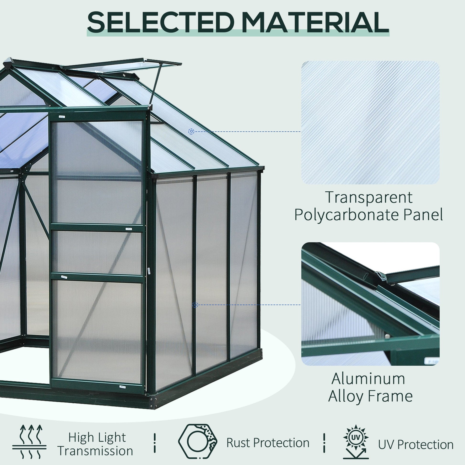 6' x 6' x 6.6' Polycarbonate Greenhouse, Walk-In Green House Kit Garden, Plants Grow, Galvanized Sheet Aluminum Frame with Rain Gutter, Vent and Sliding Door, Green