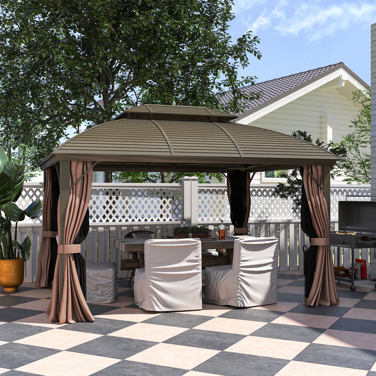 10' x 12' Hardtop Gazebo Canopy with Double Roof and Aluminum Frame, Outdoor Gazebo with Netting and Curtains for Patio, Garden, Backyard, Deck, Lawn, Coffee